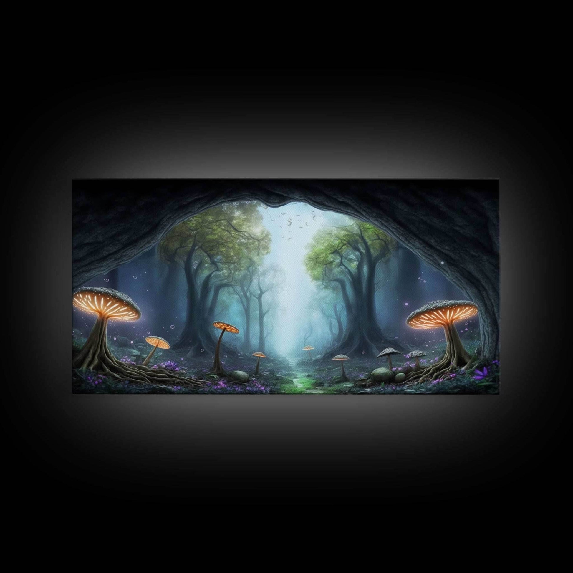 Magical Enchanted Mushroom Forest, Fantasy Art, Framed Canvas Print, Bioluminescent Butterflies in an Enchanted Forest, Glowing Art - 10x20 Inches / Gallery Wrap Canvas - Ready To Hang