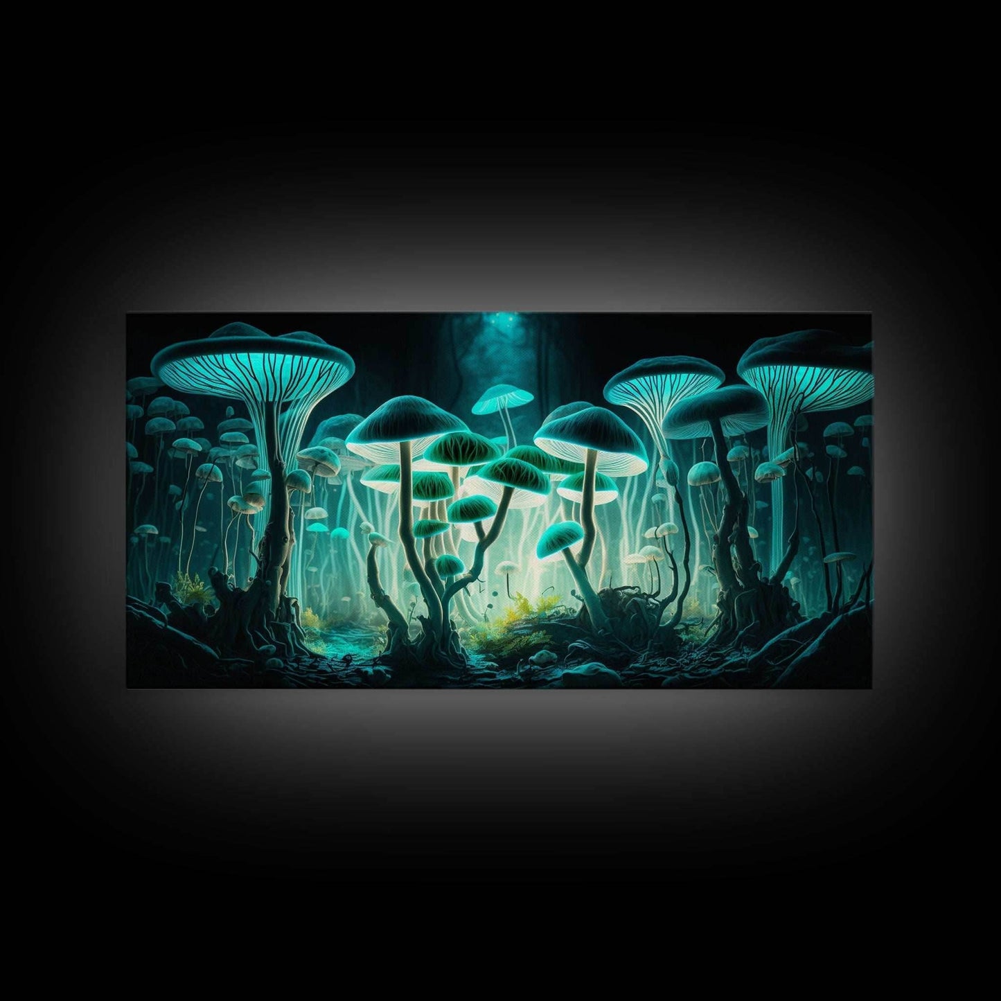 The Forest Floor, Framed Canvas Print, Glowing Mushrooms, Bioluminescent Mushroom Art, Color fantasy wall art - 10x20 Inches / Gallery Wrap Canvas - Ready To Hang
