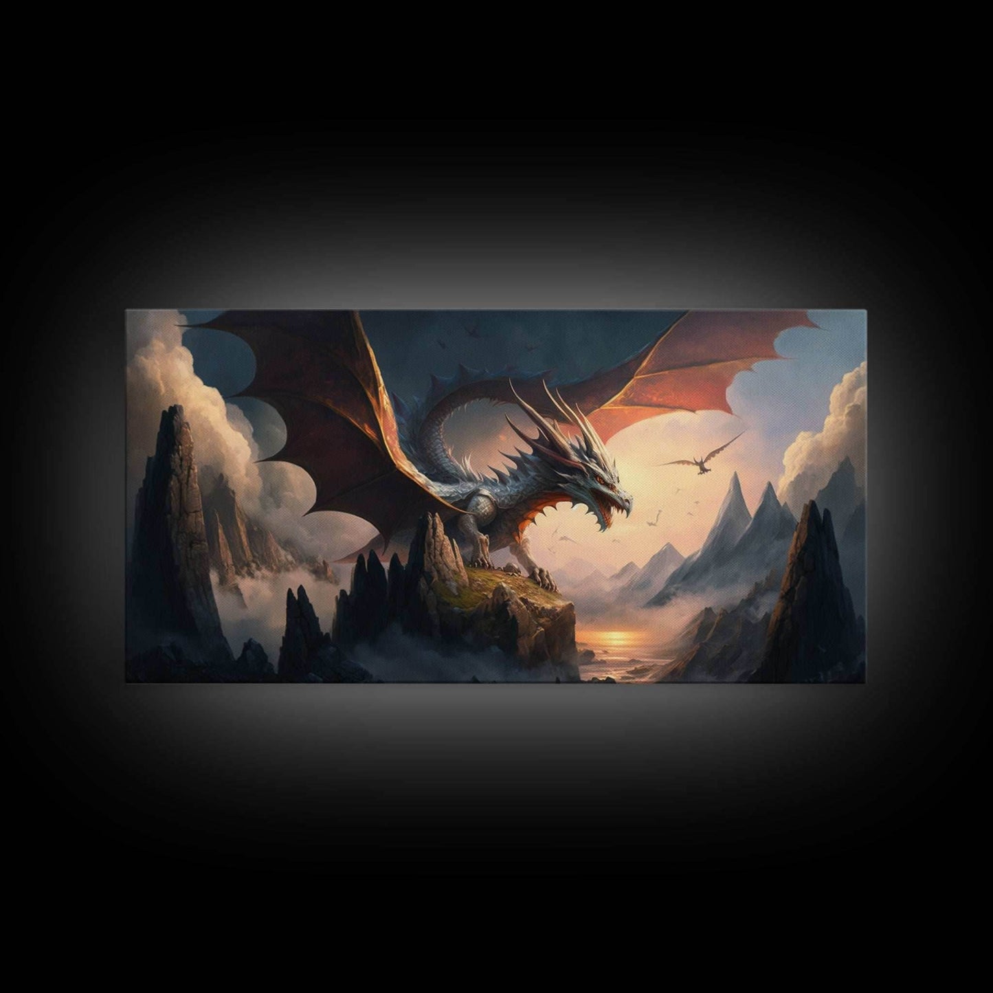 White Dragon on a Mountain Top, Fantasy Art, Framed Canvas Print, Medieval Fantasy Art, Fire breathing dragons - 10x20 Inches / Gallery Wrap Canvas - Ready To Hang
