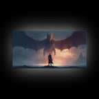 Warrior Facing Down a Dragon, Framed Canvas Print, Unique Fantasy Wall Art, In The Time of Dragons - 10x20 Inches / Gallery Wrap Canvas - Ready To Hang