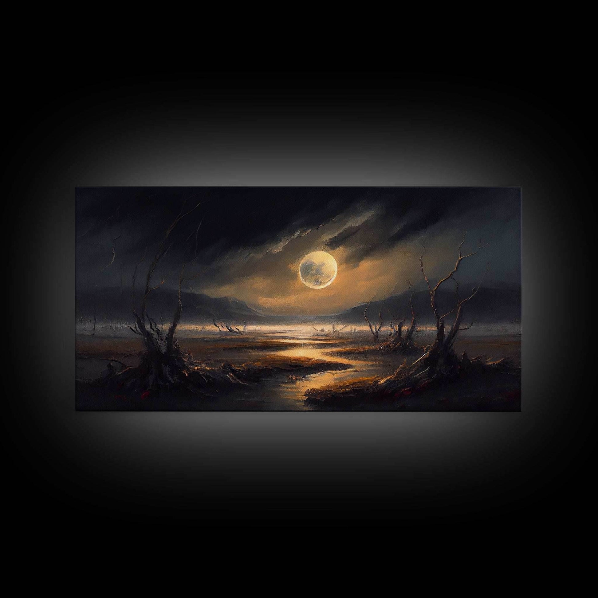 Midnight In The Swamp, Framed Canvas Print, Fantasy Art Canvas, Wall Art, Game Room Art, Full moon - 10x20 Inches / Gallery Wrap Canvas - Ready To Hang