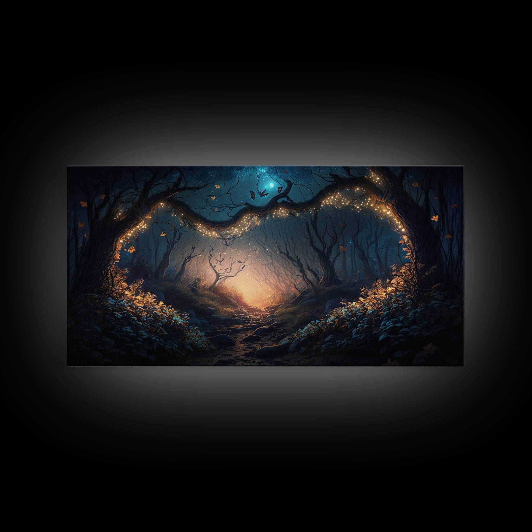 Wreath of Fireflies, Beautiful Fantasy Art, Framed Canvas Print, Moonlit Forest Floor Fantasy Concept Art - 10x20 Inches / Gallery Wrap Canvas - Ready To Hang