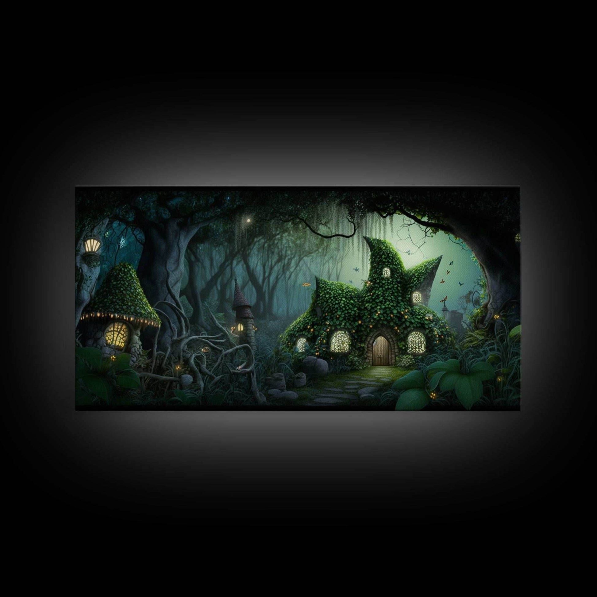 Gnome City, Wall Art, Fantasy Canvas Print, Framed Art, Tiny Gnome Houses On The Forest Floor - 10x20 Inches / Gallery Wrap Canvas - Ready To Hang