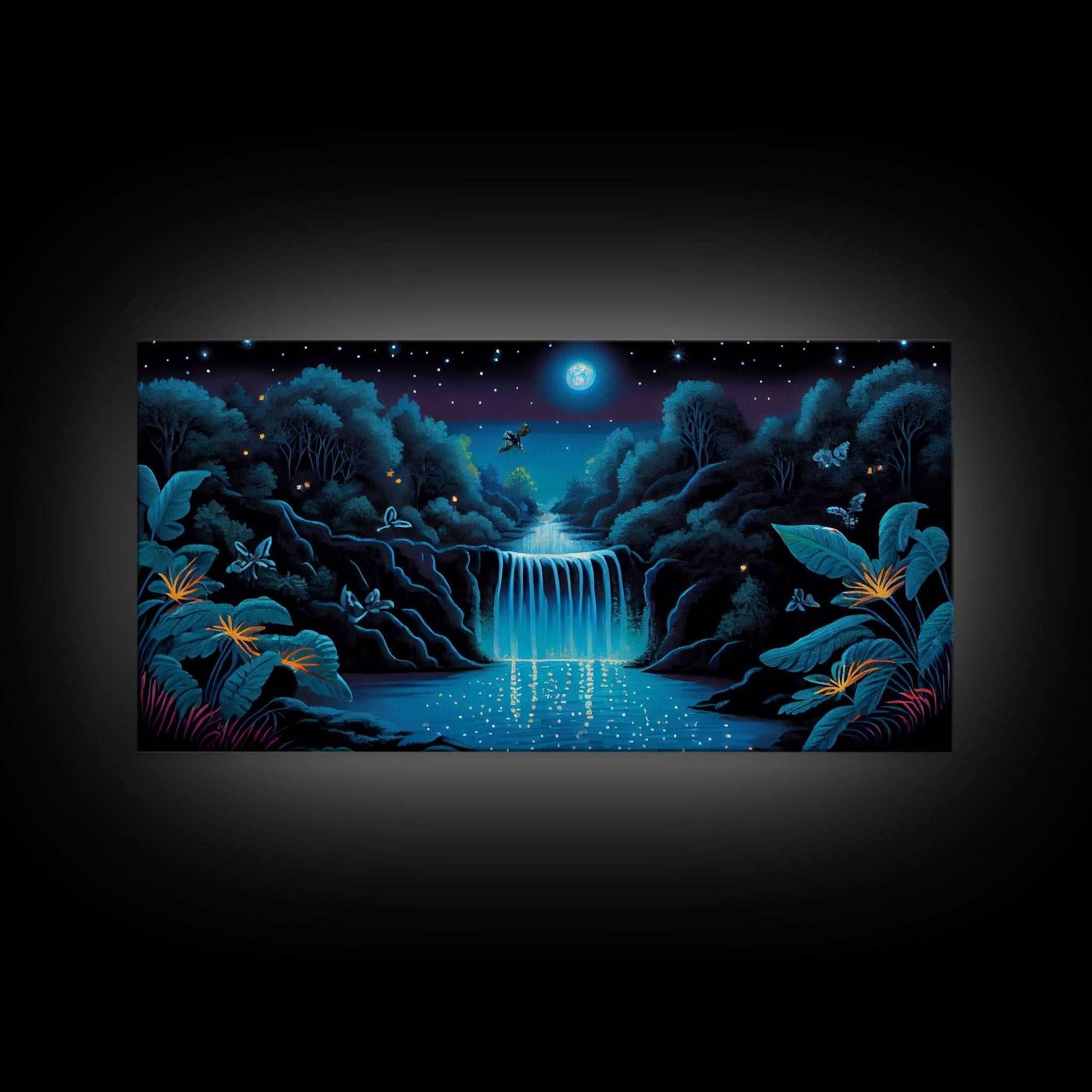 The Secret Waterfall, Enchanted Forest With Painting, Fantasy Art, Fairy House, Fantasy, Woodland Decor, Woods, Forest with Blue Butterflies - 10x20 Inches / Gallery Wrap Canvas - Ready To Hang