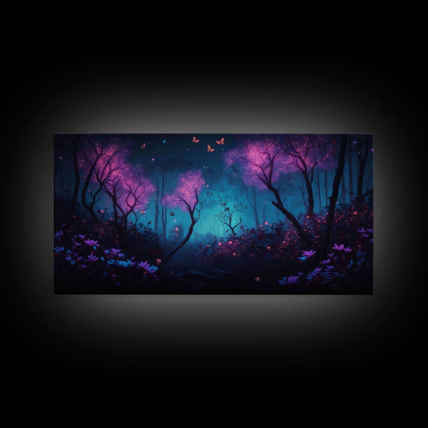Beautiful forest canvas print Fantasy forest wall art Forest Painting, Framed Art, Glowing Butterflies - 10x20 Inches / Gallery Wrap Canvas - Ready To Hang