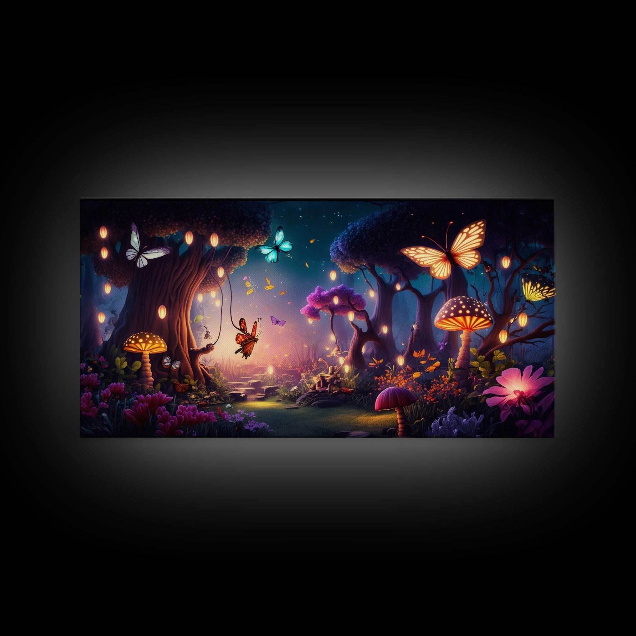 Vibrant Fantasy Forest Wall Art, The Forest Floor, Bioluminescent Glowing Butterflies, Gift, Framed Canvas Print - 10x20 Inches / Gallery Wrap Canvas - Ready To Hang