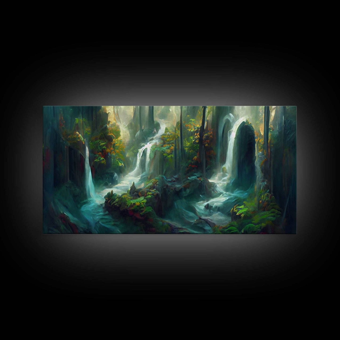 Waterfall wall art, canvas print, giclee, fantasy wall art, water color, nature wall decor, water landscape art, serenity art - 10x20 Inches / Gallery Wrap Canvas - Ready To Hang