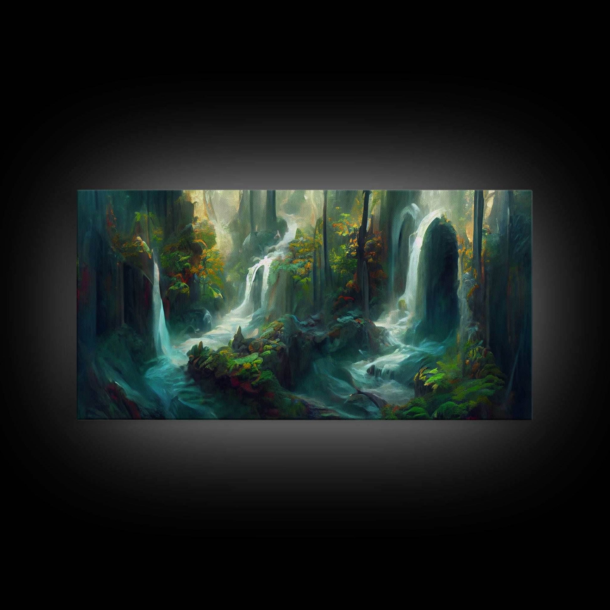 Waterfall wall art, canvas print, giclee, fantasy wall art, water color, nature wall decor, water landscape art, serenity art - 10x20 Inches / Gallery Wrap Canvas - Ready To Hang