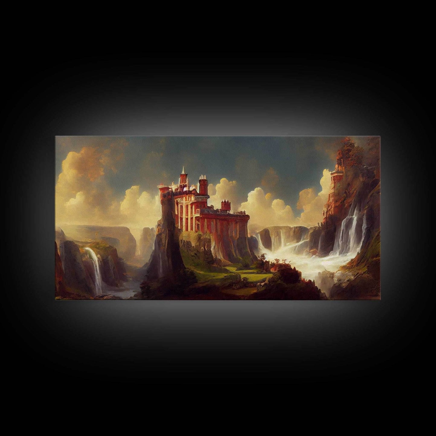 Fantasy wall art, canvas print, castle in the sky, castle atop mountains and waterfalls, watercolor - 10x20 Inches / Gallery Wrap Canvas - Ready To Hang