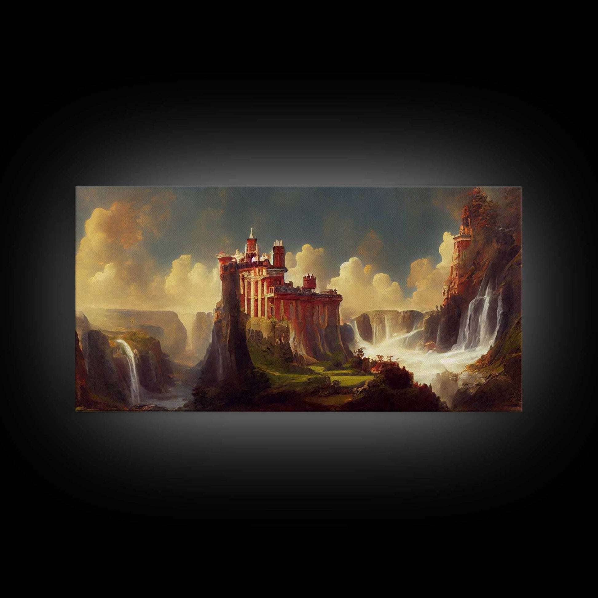 Fantasy wall art, canvas print, castle in the sky, castle atop mountains and waterfalls, watercolor - 10x20 Inches / Gallery Wrap Canvas - Ready To Hang