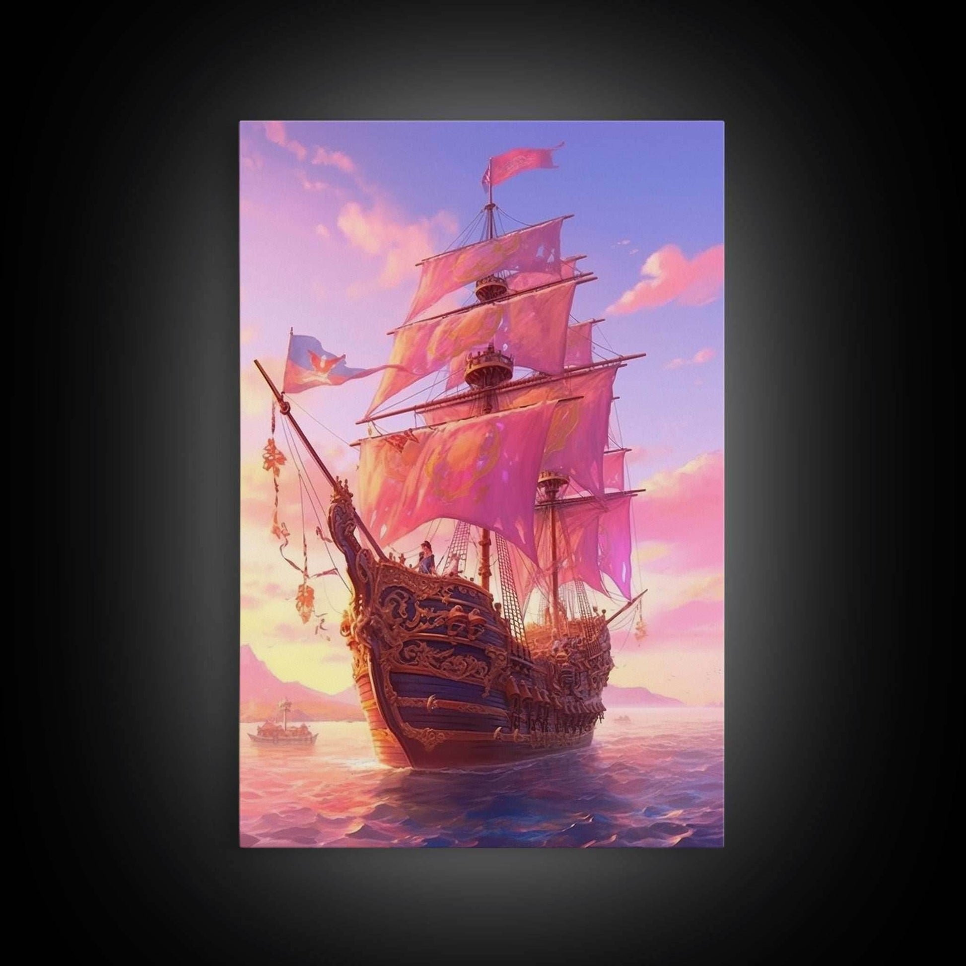 Gothic Pirate Ship at Sunset, Framed Canvas Print, Fantasy Wall Art, Wall Decor, Pirate Wal Art, Gift For Him, Kid's Room Art - 8x12 Inches / Gallery Wrap Canvas - Ready To Hang