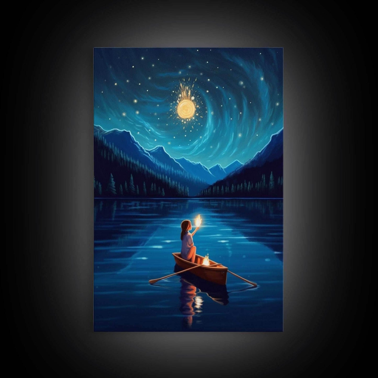 Starry Night, Girl Wizard Lights Up The Night Sky, Fantasy Art, Framed Canvas Print, Fantasy Painting Print, Original Art - 8x12 Inches / Gallery Wrap Canvas - Ready To Hang