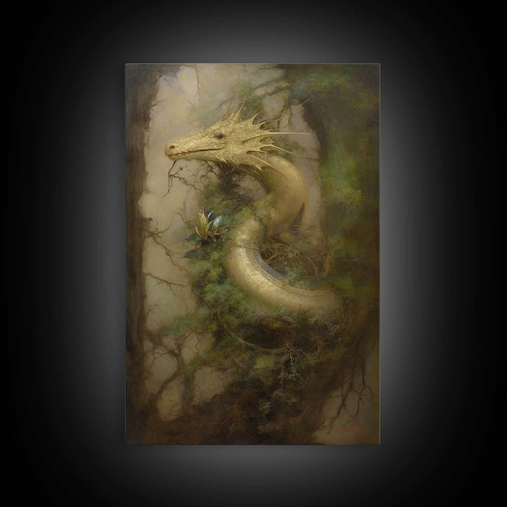 Majestic Green Dragon Wall Art, Framed Canvas Print, Dragon Fantasy Painting, Garden Dragon Abstract Fantasy Art - 8x12 Inches / Gallery Wrap Canvas - Ready To Hang