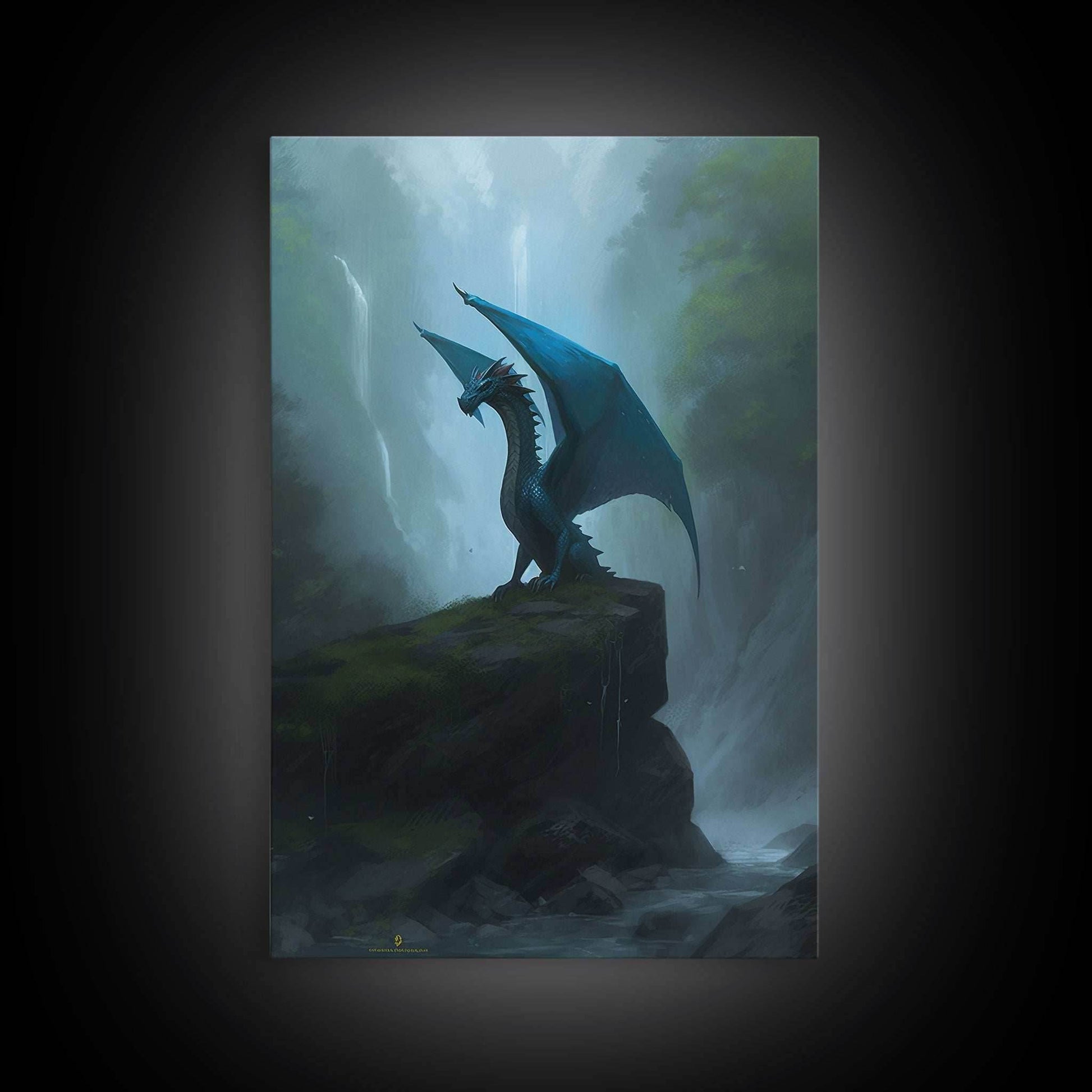 Majestic Forest Dragon Wall Art, Framed Canvas Print, Dragon Fantasy Painting, Forest Dragon Behind Secret Waterfalls Abstract Fantasy Art - 8x12 Inches / Gallery Wrap Canvas - Ready To Hang