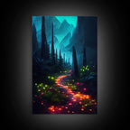 Luminescent magical forest poster art, fine art print, glowing trail though the trees, fantasy art, gloomy wall art, dark decor - 8x12 Inches / Gallery Wrap Canvas - Ready To Hang