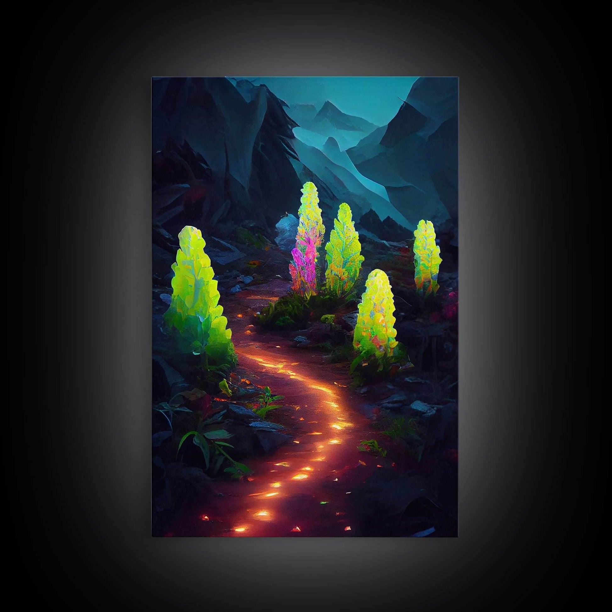 Magical forest canvas print, glowing mushroom art, fantasy forest wall art, gloomy dark home decor, luminescent forest trail wall art - 8x12 Inches / Gallery Wrap Canvas - Ready To Hang