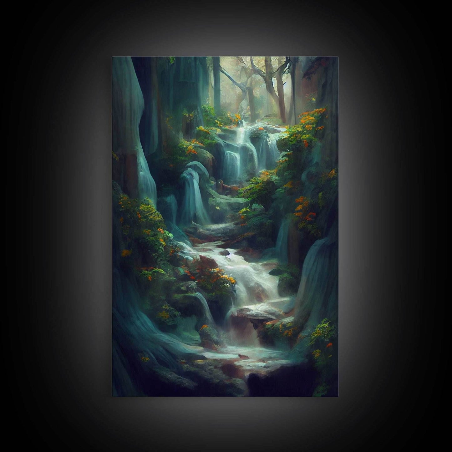 Waterfall painting canvas print, fantasy wall art, watercolor print, high fantasy, nature landscape wall art for living room - 8x12 Inches / Gallery Wrap Canvas - Ready To Hang