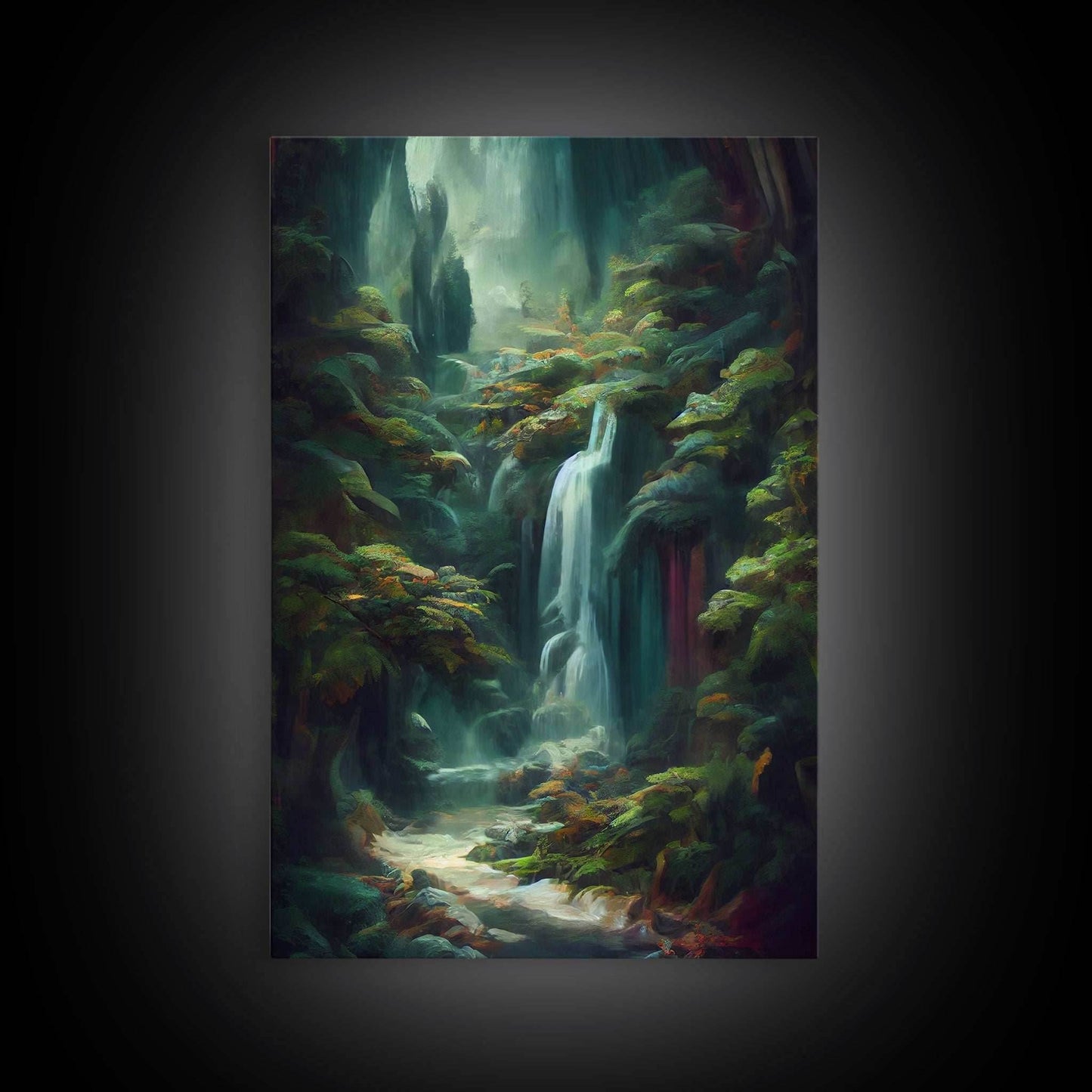 Waterfall in the forest canvas print, fantasy wall art, watercolor print, high fantasy, nature landscape living room wall art - 8x12 Inches / Gallery Wrap Canvas - Ready To Hang