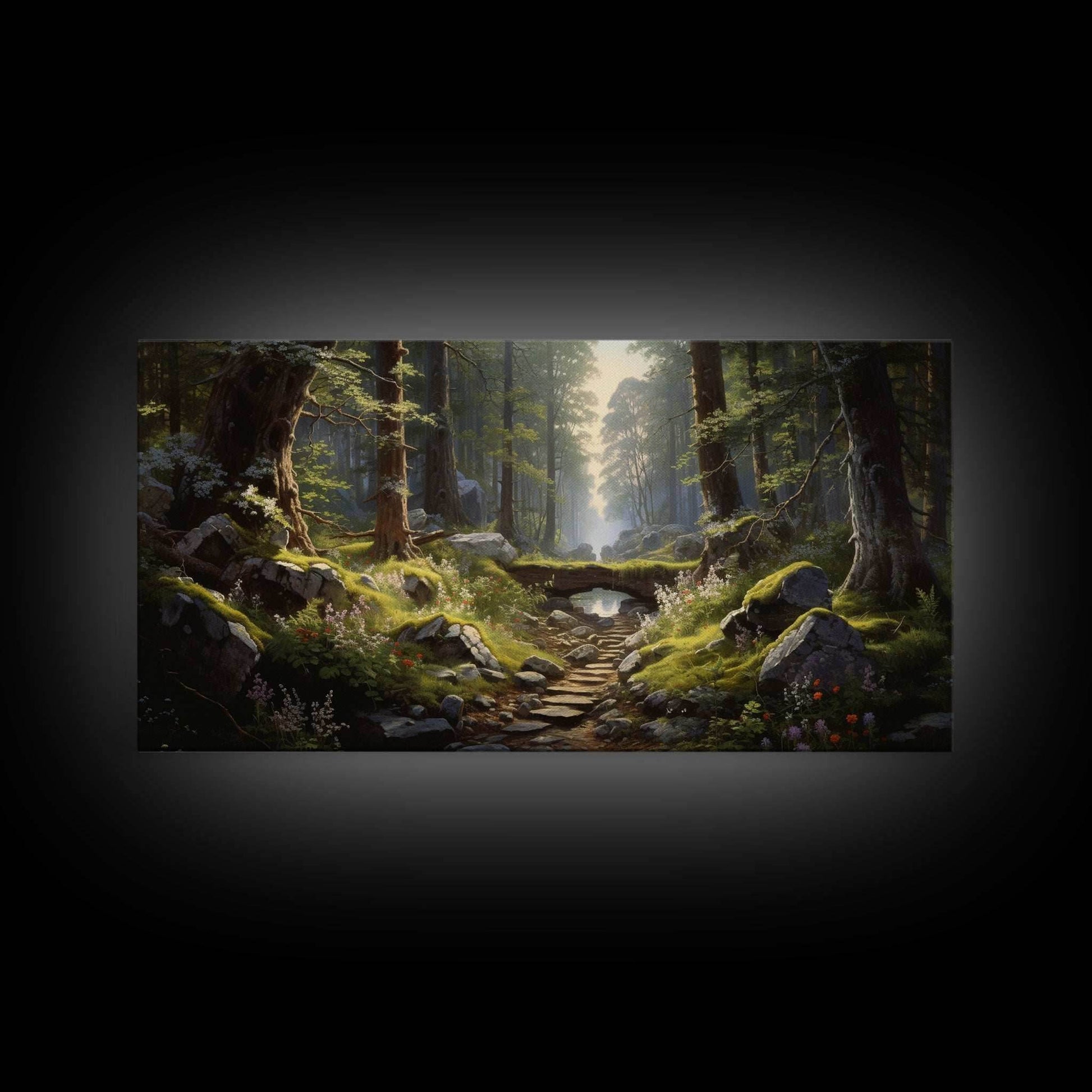 SlightlyScorched Framed Canvas Print Emerald Green Fantasy Forest, Mountain Forest Lake Landscape Minimalist Modern Art Nature Wall Decor - 10x20 Inches / Gallery Wrap Canvas - Ready To Hang