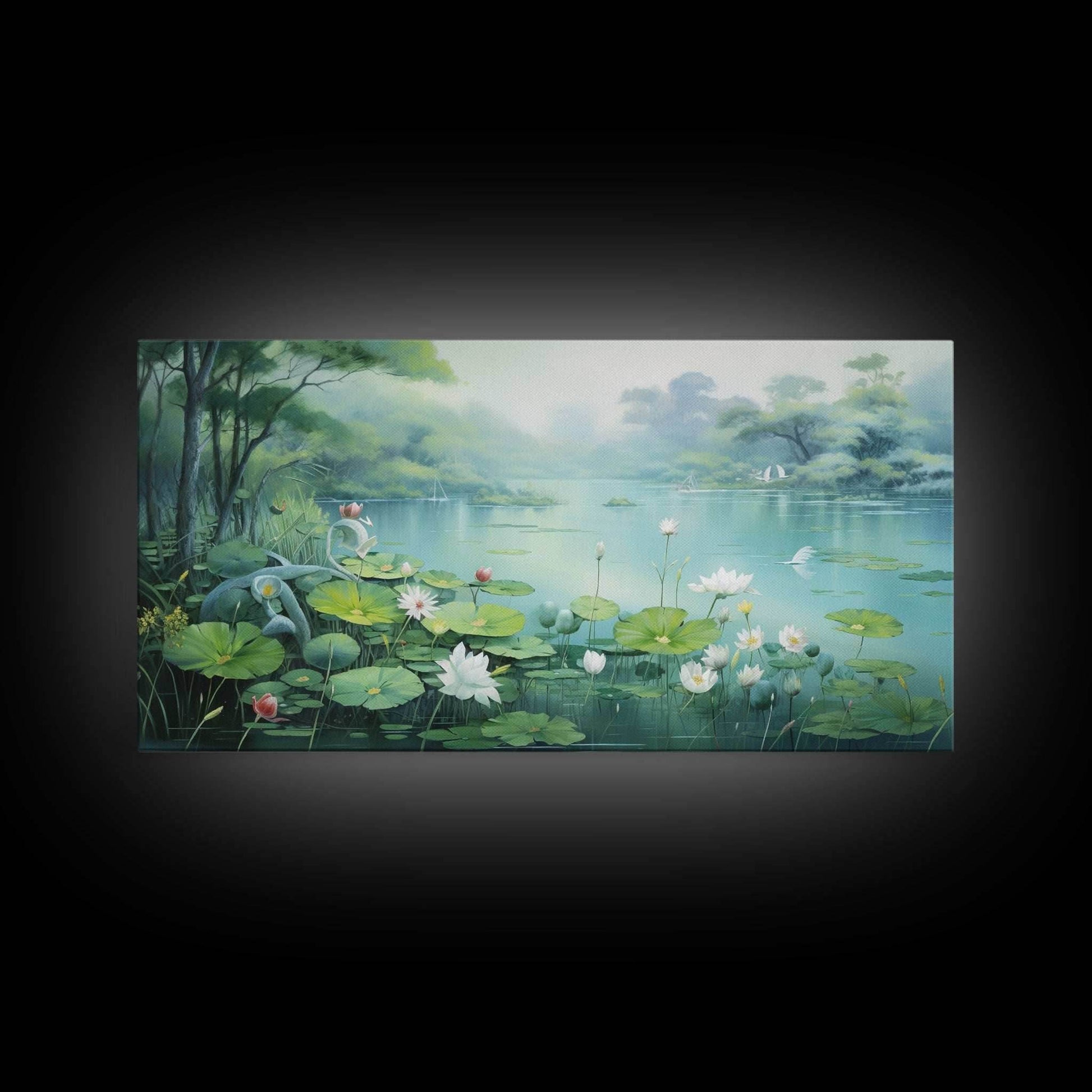 Lake Wall Art, Water Lily Wall Print, Fantasy Art, Panoramic Art, Wall Art, Canvas Art, Landscape Art, Wall Hanging, Client Gift, Ranch Art - 10x20 Inches / Gallery Wrap Canvas - Ready To Hang