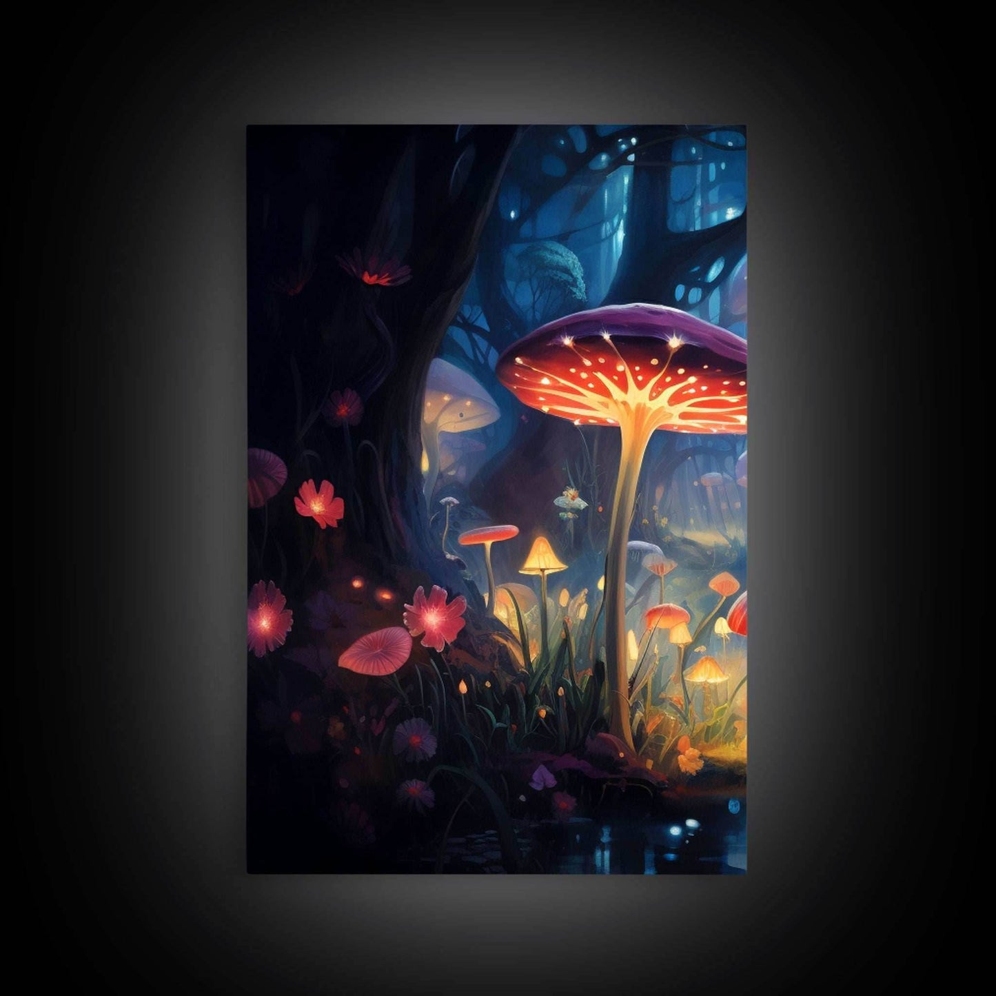 Magical dark forest art print on canvas, fantasy forest, oil style painting, large landscape wall art for home, ready to hang, 3 Piece Art - 8x12 In. - 3 Pieces / Stretched Canvas