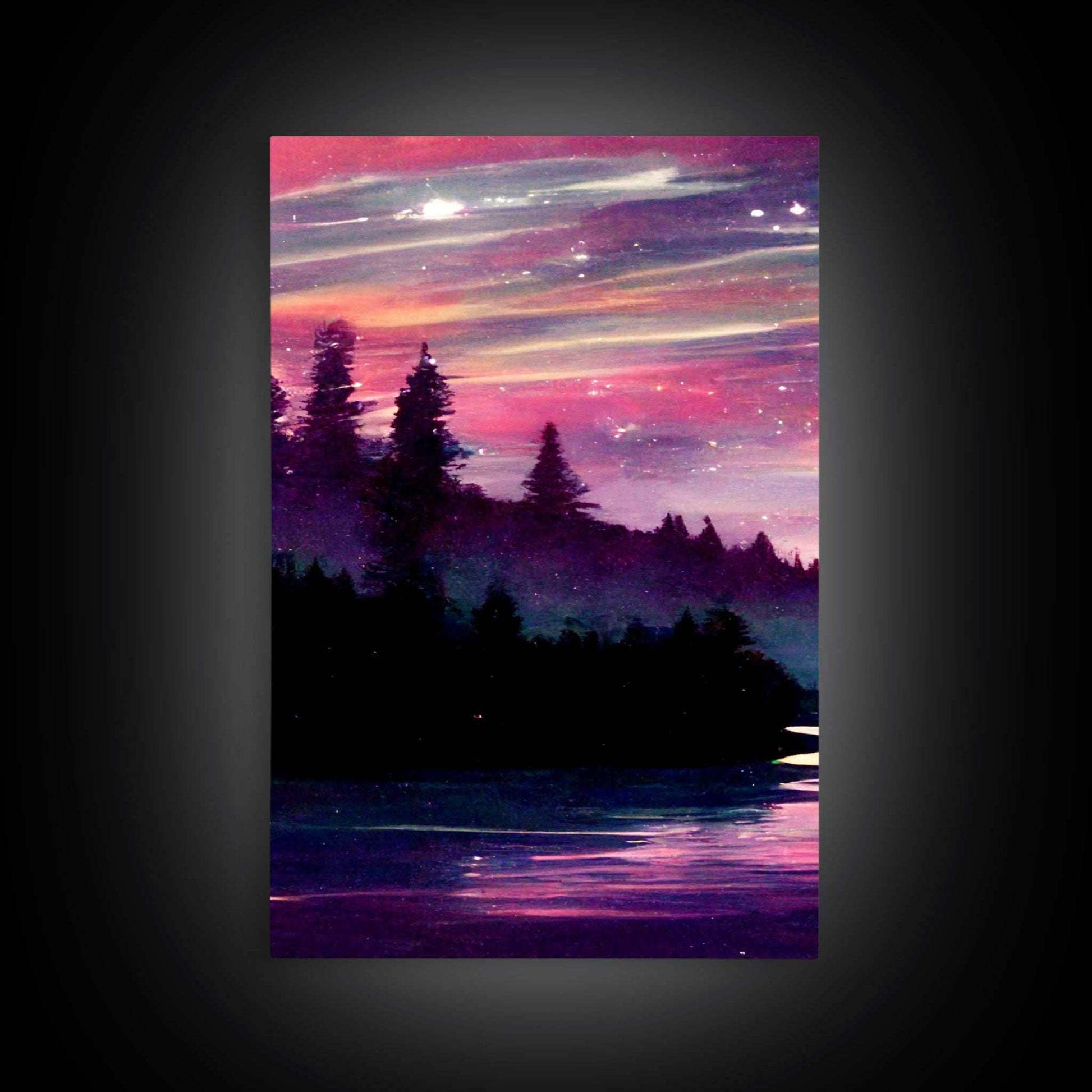 Starry Night Magical Forest Fantasy Landscape, 3 Piece Wall Art, Ready To Hang Canvas Print, Cool Living Room Wall Art Decor - 8x12 In. - 3 Pieces / Stretched Canvas