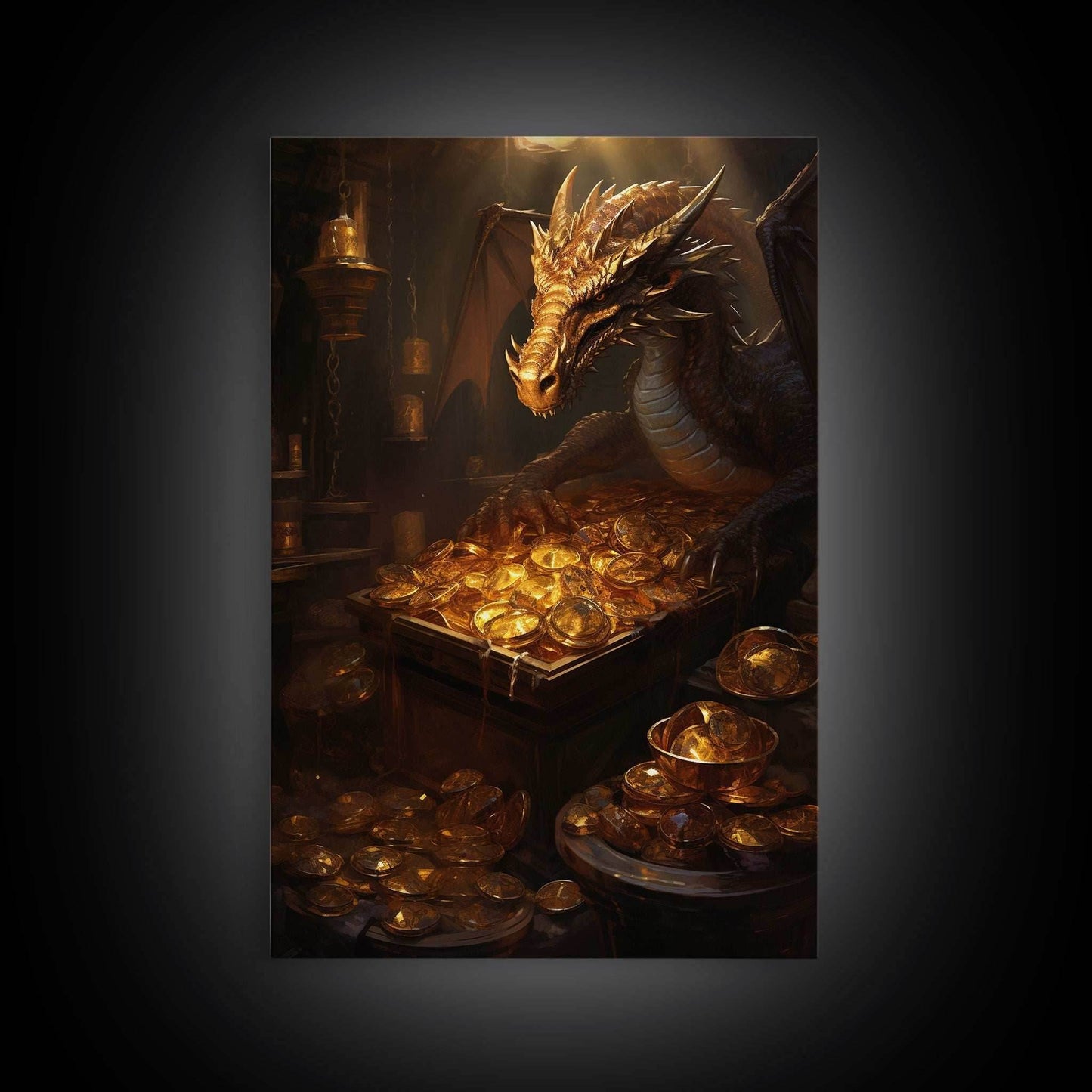 Dragon Art, Fantasy Art, Treasure Chest, Canvas Print, Wall Hanging, Portrait Art, Video Game Art, Nerdy Home Decor, Gift For Friend - 8x12 Inches / Gallery Wrap Canvas - Ready To Hang