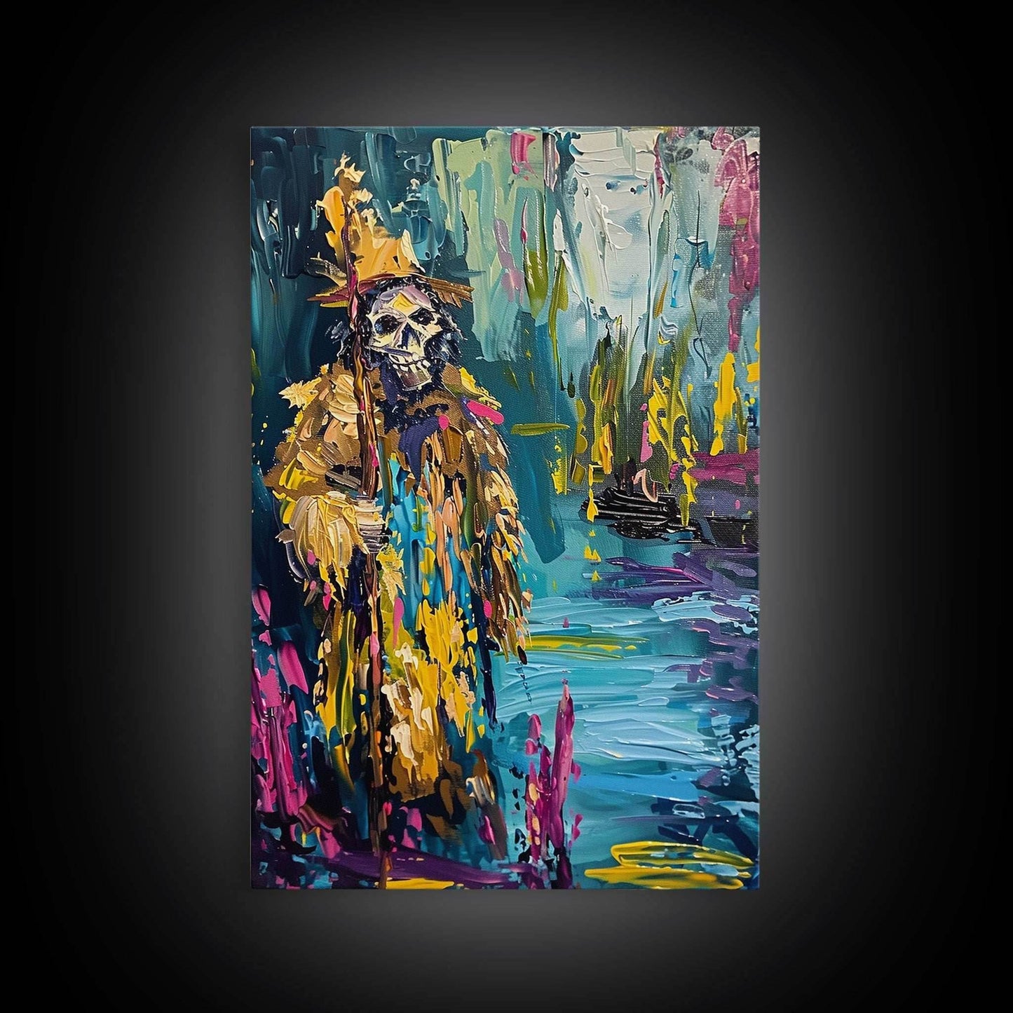 Halloween Skeleton Wizard, Framed Canvas Print, Wall Art, Home Decor, Spooky Artwork, Witchcraft Decor, Fantasy Art, Holiday Decor - 8x12 Inches / Gallery Wrap Canvas - Ready To Hang