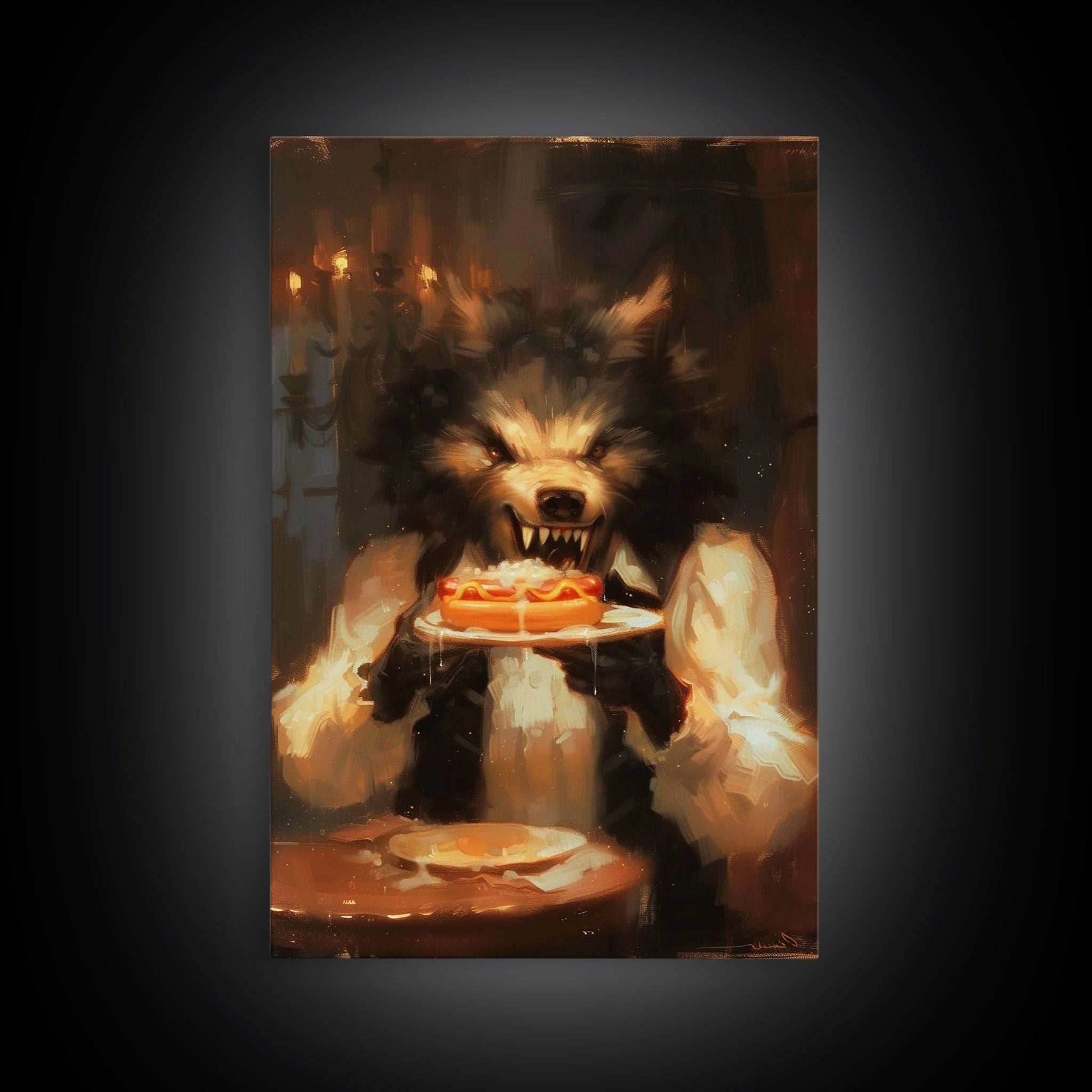 Halloween Werewolf Eating Hotdog, Framed Canvas Print, Wall Art, Spooky Artwork, Fantasy Decor, Halloween Decor, Whimsical Funny Halloween - 8x12 Inches / Gallery Wrap Canvas - Ready To Hang