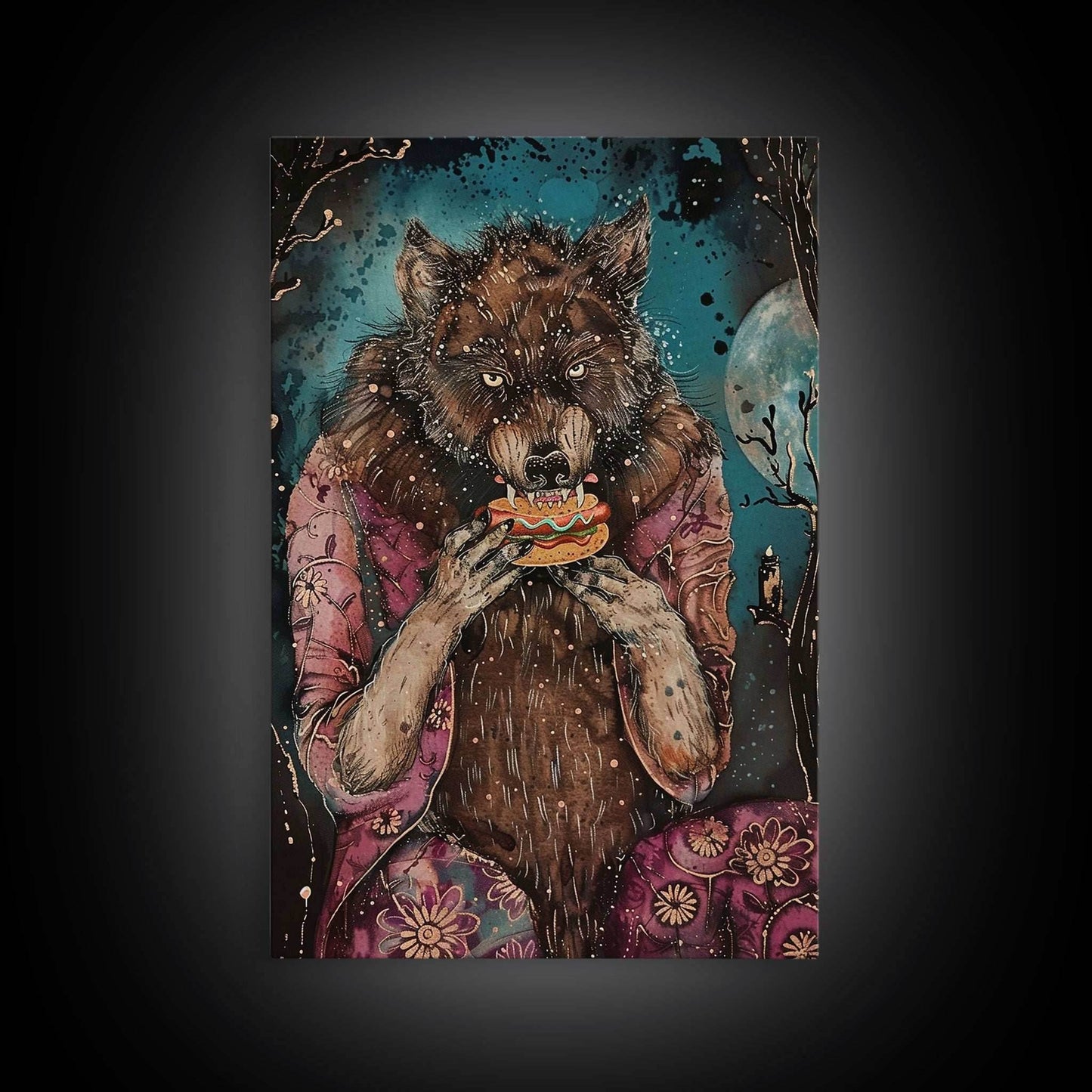 Halloween Werewolf Enjoying Hotdog, Framed Canvas Print, Wall Art, Home Decor, Spooky Artwork, Fantasy Decor, Halloween Decor, Holiday Gift - 8x12 Inches / Gallery Wrap Canvas - Ready To Hang