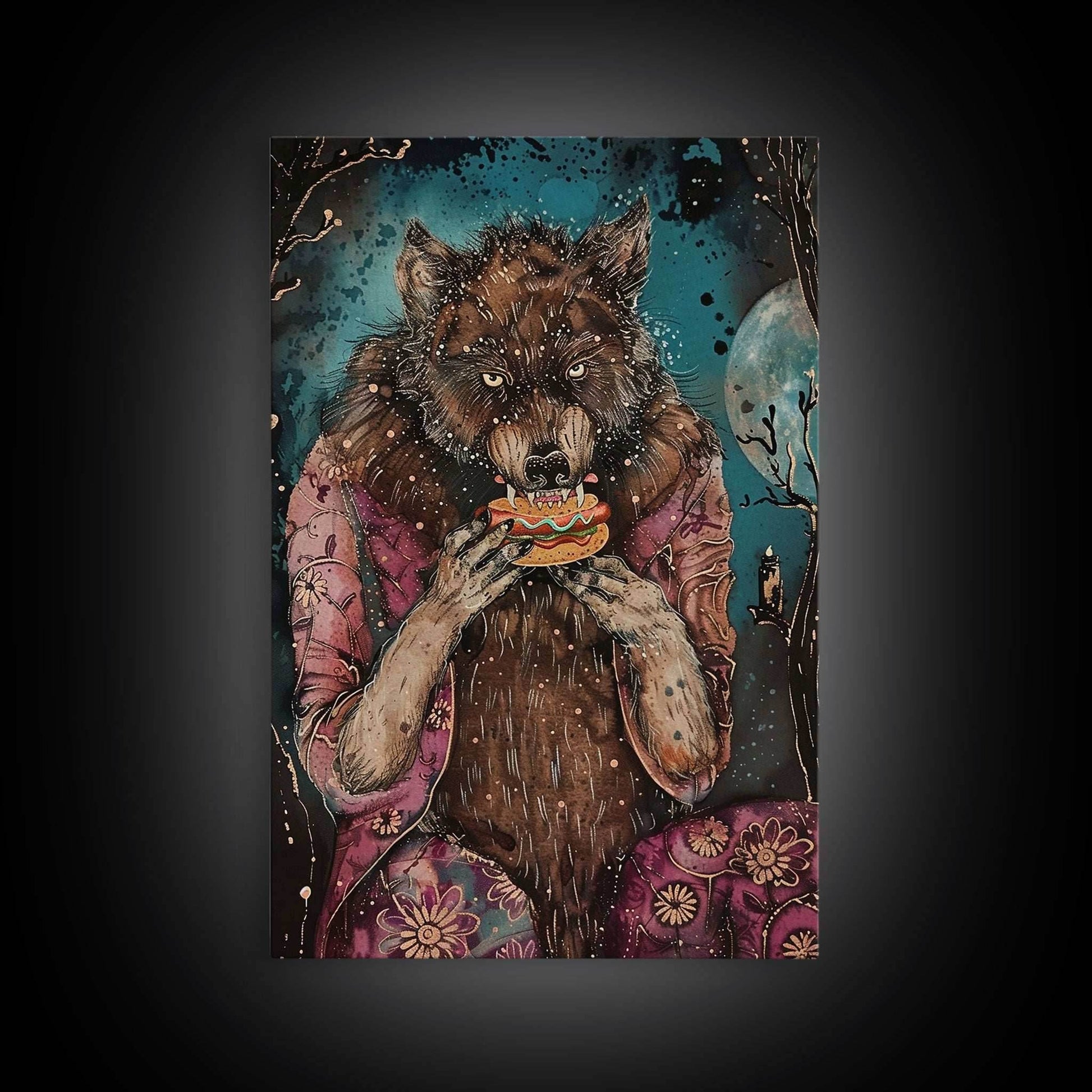 Halloween Werewolf Enjoying Hotdog, Framed Canvas Print, Wall Art, Home Decor, Spooky Artwork, Fantasy Decor, Halloween Decor, Holiday Gift - 8x12 Inches / Gallery Wrap Canvas - Ready To Hang