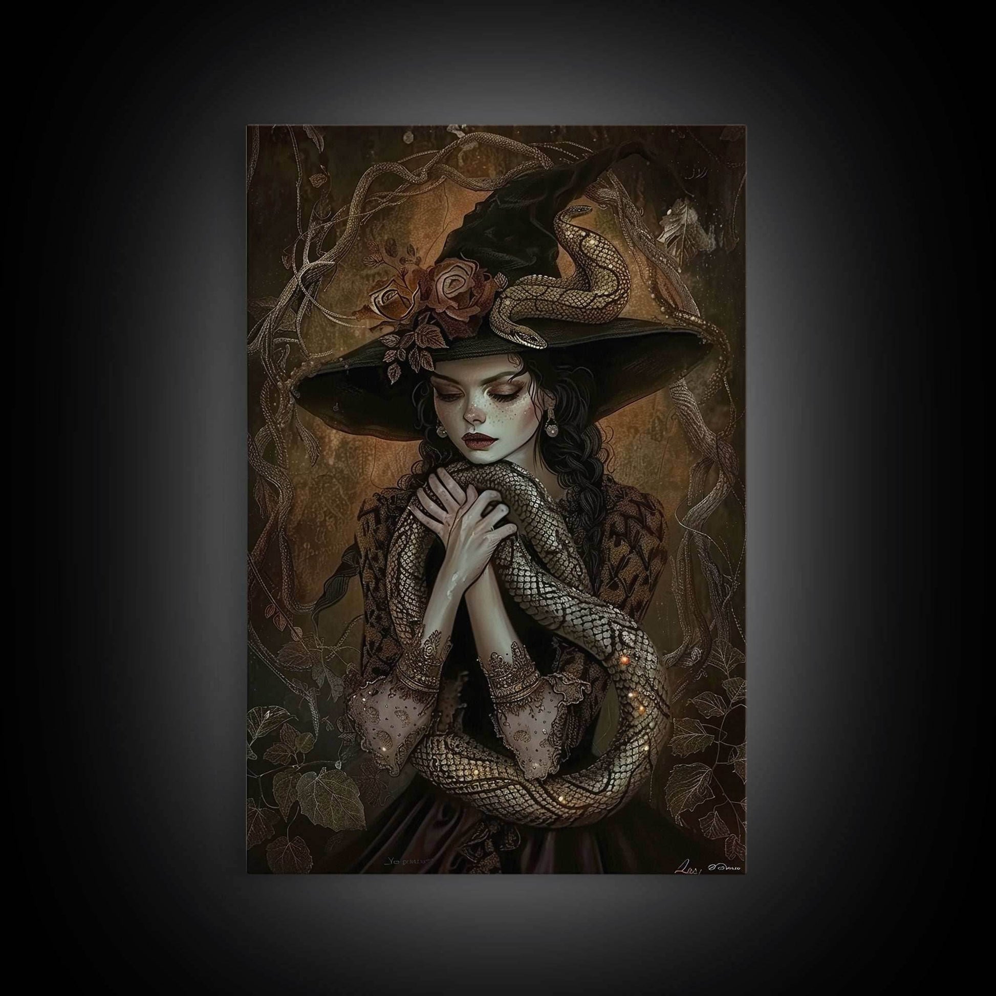 Mysterious Witch Holding Snake, Framed Canvas Print, Gothic Witch Art, Dark Fantasy Decor, Witch and Serpent, Halloween Accessories - 8x12 Inches / Gallery Wrap Canvas - Ready To Hang