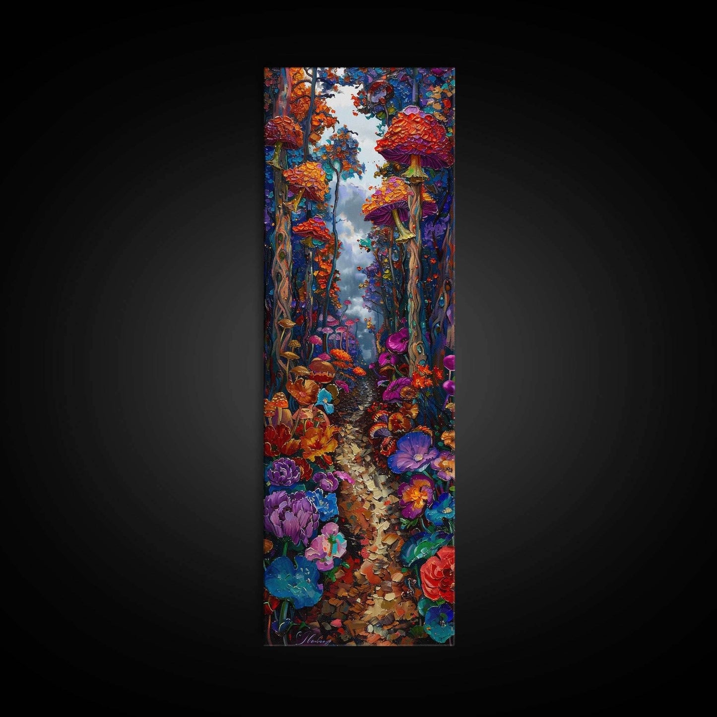 Fantasy Forest Pathway with Giant Mushrooms as Tall Skinny Art Framed Canvas Print for Whimsical Wall Decor in Unique Spaces - 10x30 Inches / Gallery Wrap Canvas - Ready To Hang
