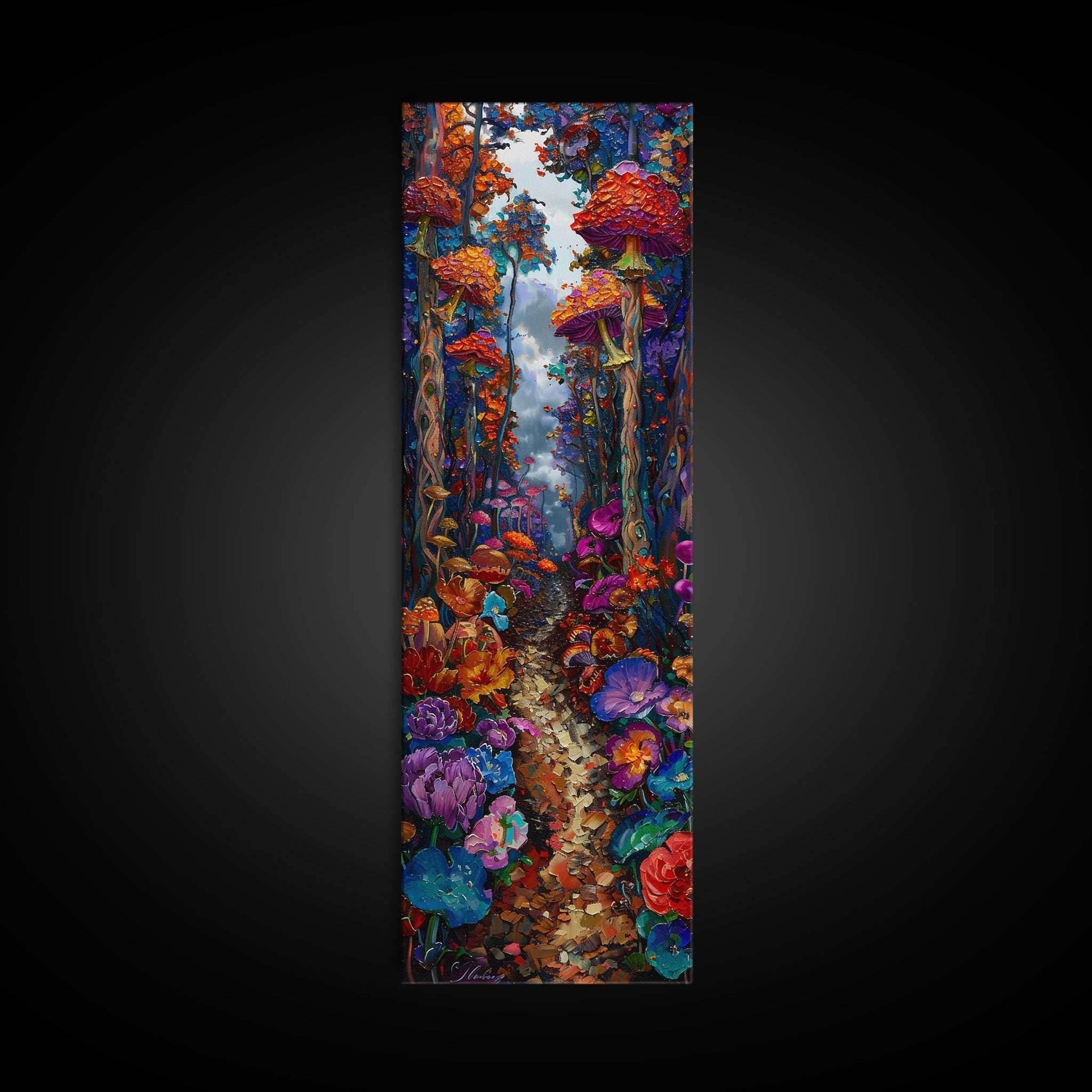 Fantasy Forest Pathway with Giant Mushrooms as Tall Skinny Art Framed Canvas Print for Whimsical Wall Decor in Unique Spaces - 10x30 Inches / Gallery Wrap Canvas - Ready To Hang