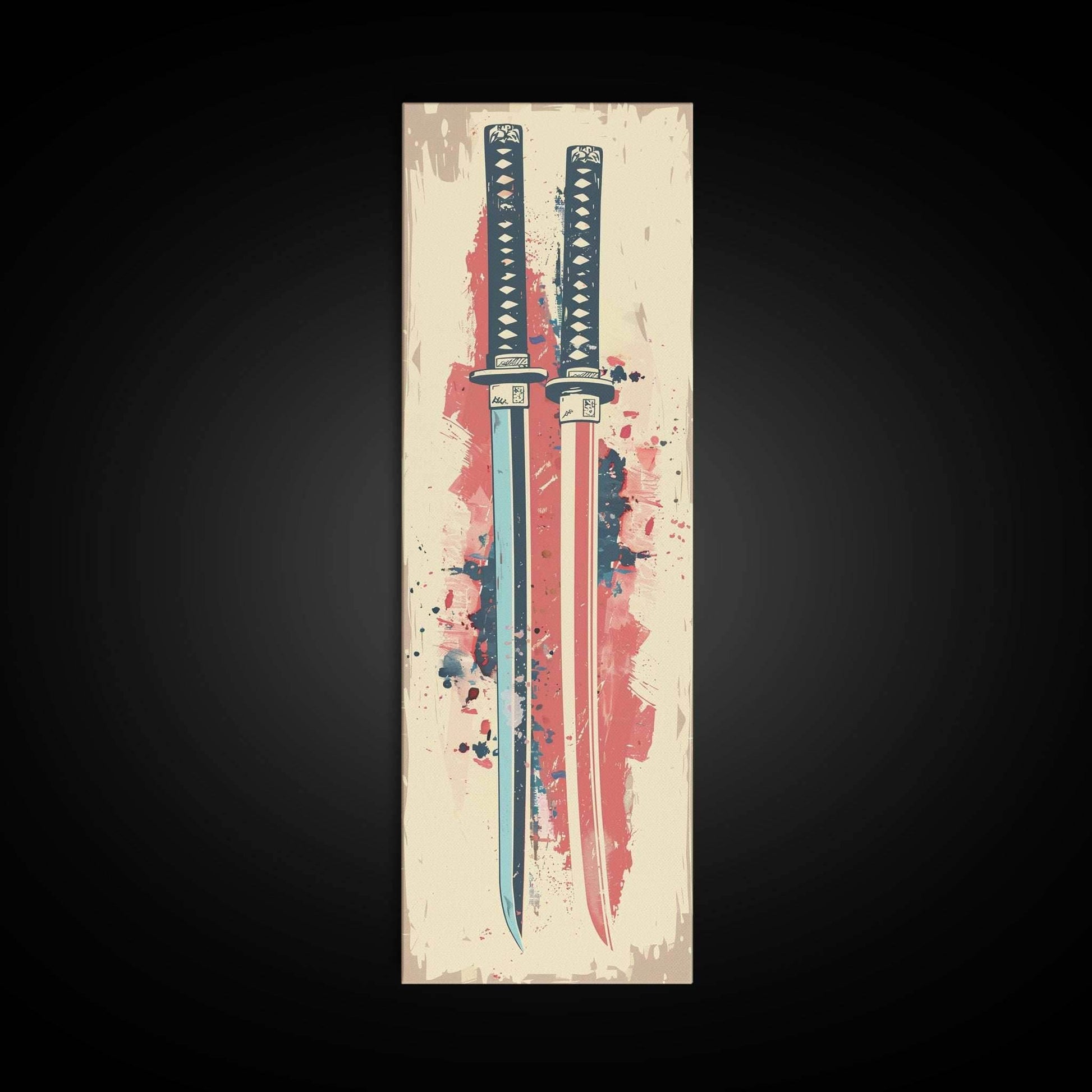 Abstract Samurai Swords Framed Canvas Print Ukiyo-e Art Japanese Style Tall Art Skinny Art Wood Block Print - 10x30 Inches / Gallery Wrap Canvas - Ready To Hang