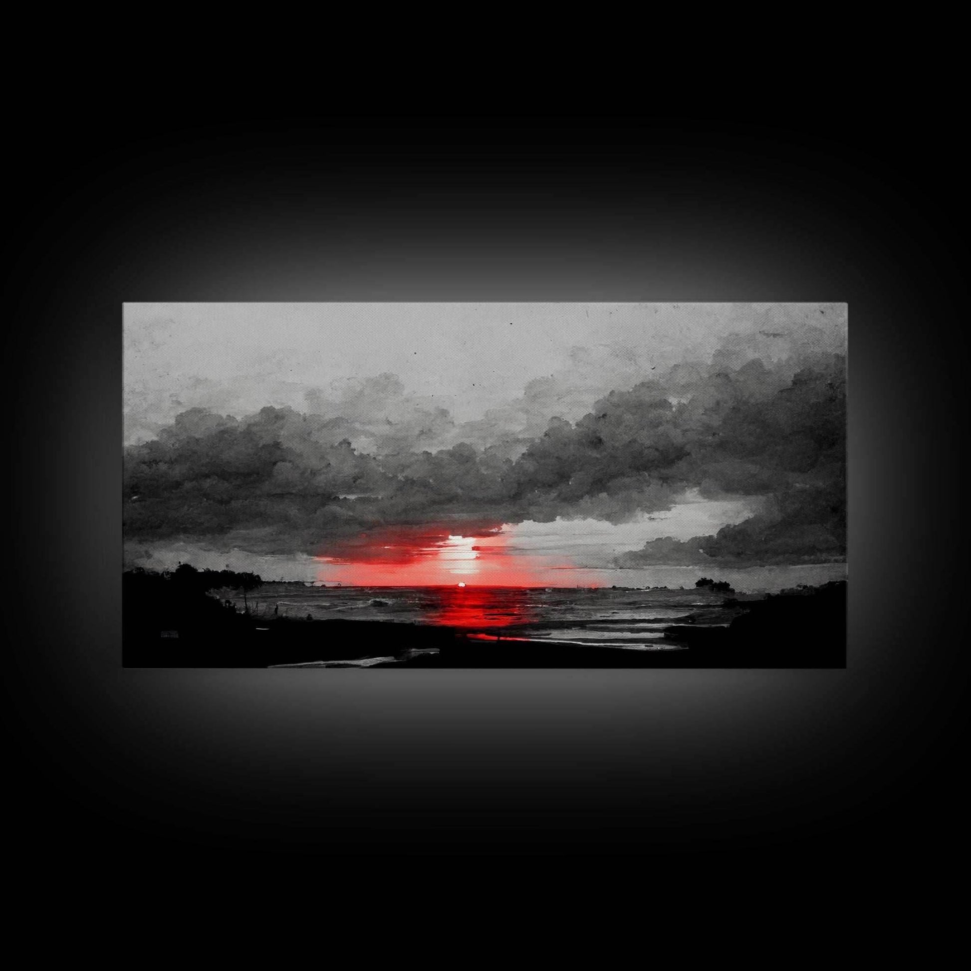 Creepy Blood moon canvas print, dark fantasy art, black and white art, Halloween, spooky art, horror landscape art - 10x20 Inches / Gallery Wrap Canvas - Ready To Hang