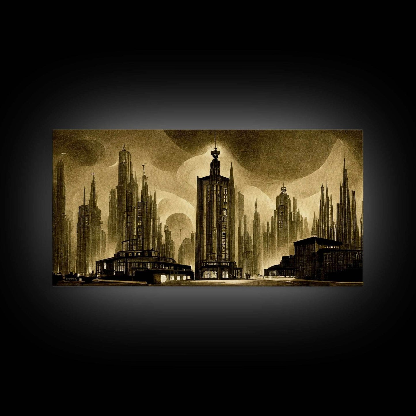 Dystopian Metropolis Art Deco Canvas Print, City Skyline, Fantasy Art, Art Deco Living Room Art, ready to hang wall art - 10x20 Inches / Gallery Wrap Canvas - Ready To Hang