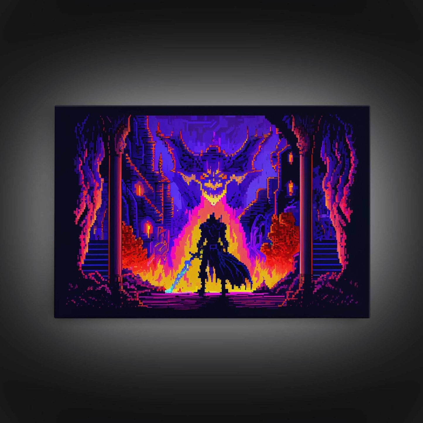 8 bit Pixel art, RPG video game concept art, Paladin faces the Dragon, synthwave style, framed canvas print - 8x12 Inches / Gallery Wrap Canvas - Ready To Hang