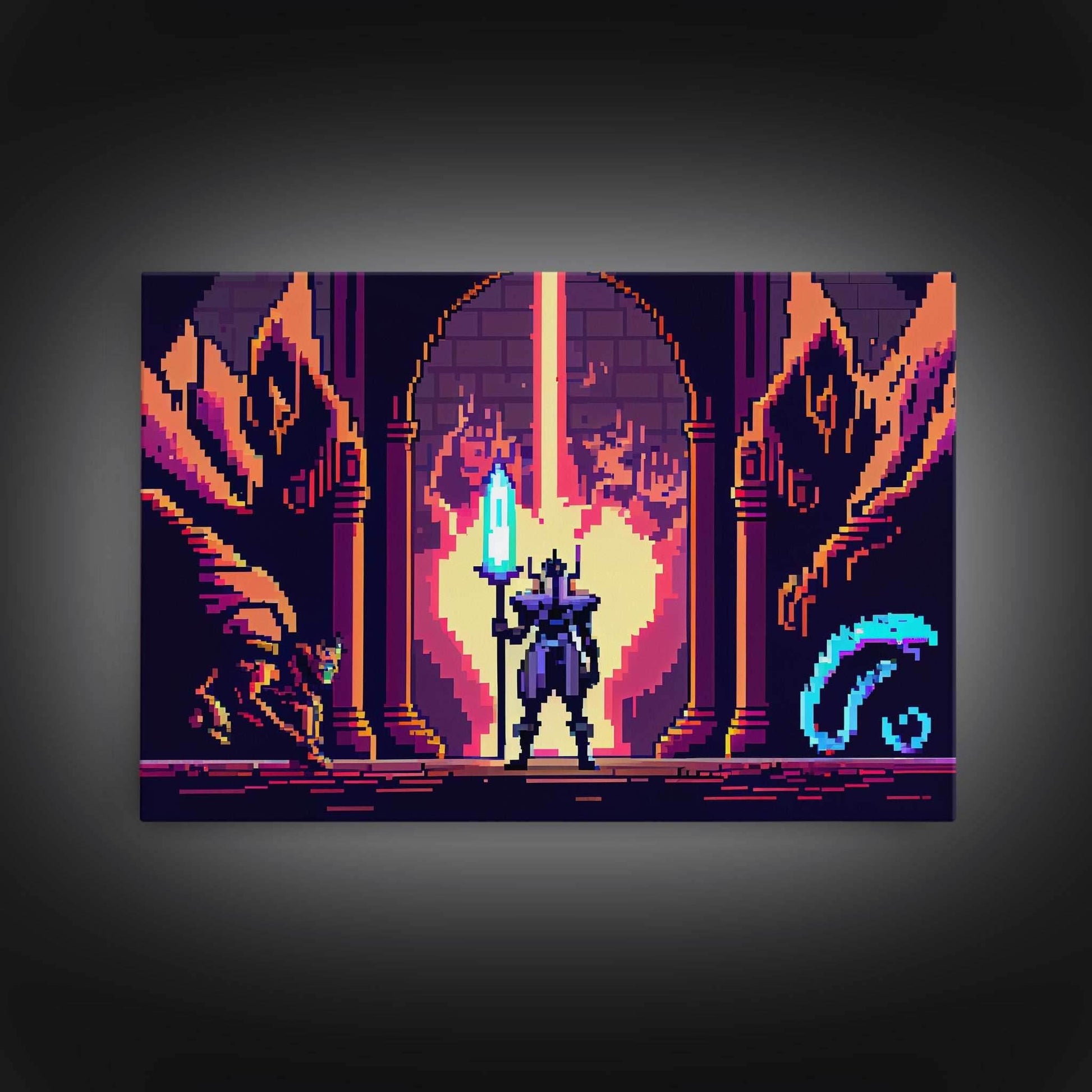RPG pixel art, fantasy pixel art, Paladin Templar Art, synthwave style, framed canvas print, man cave art - 8x12 Inches / Gallery Wrap Canvas - Ready To Hang