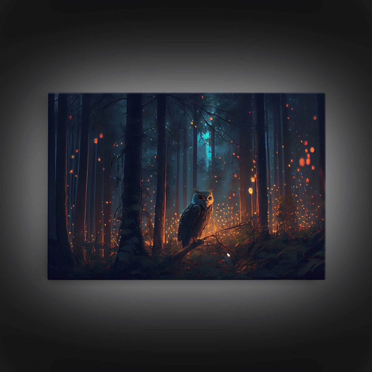 Fantasy forest art, Fireflies and the owl at midnight, framed canvas art, framed canvas print - 8x12 Inches / Gallery Wrap Canvas - Ready To Hang