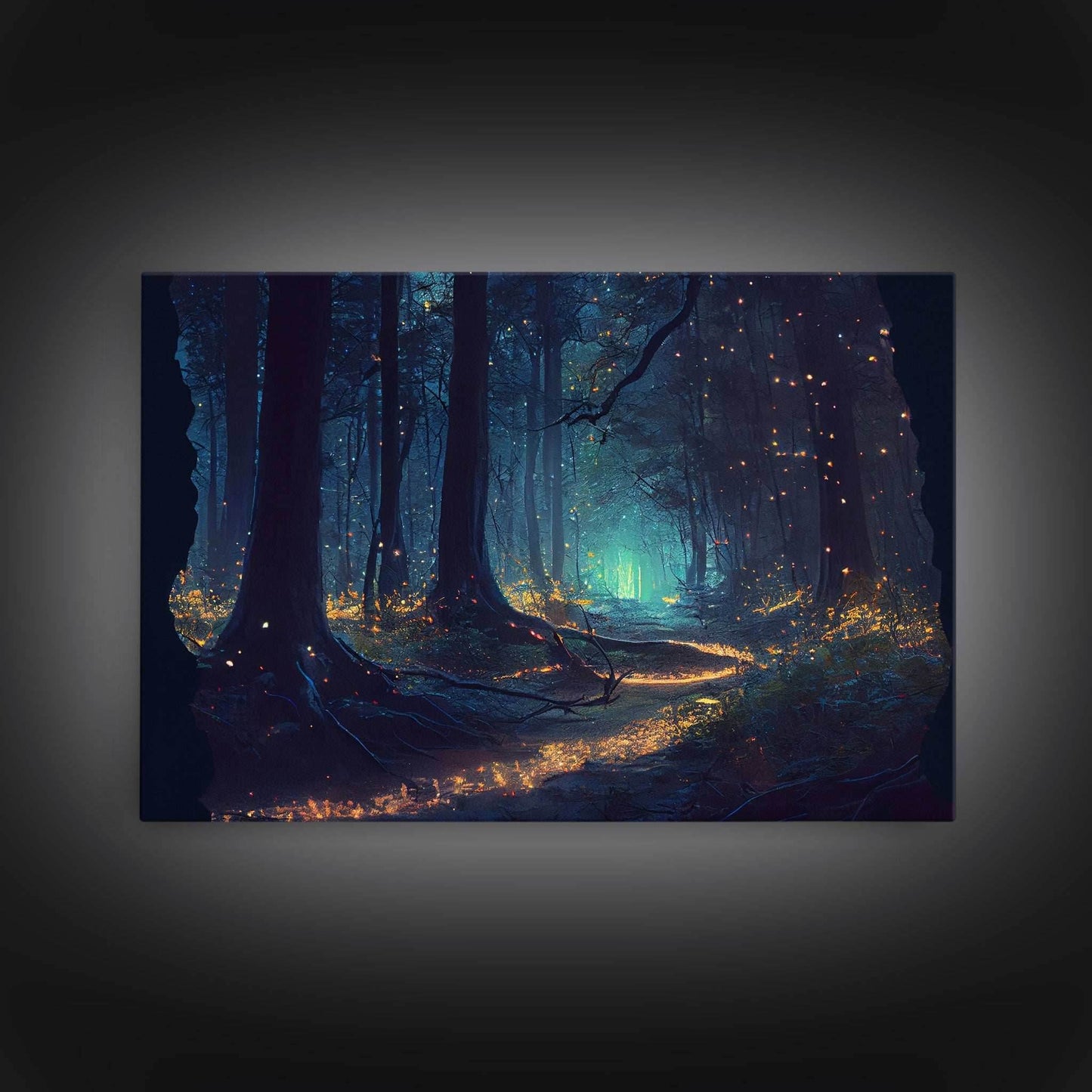 The magical enchanted forest is lit brightly with fireflies at night, framed canvas print, fantasy art - 8x12 Inches / Gallery Wrap Canvas - Ready To Hang