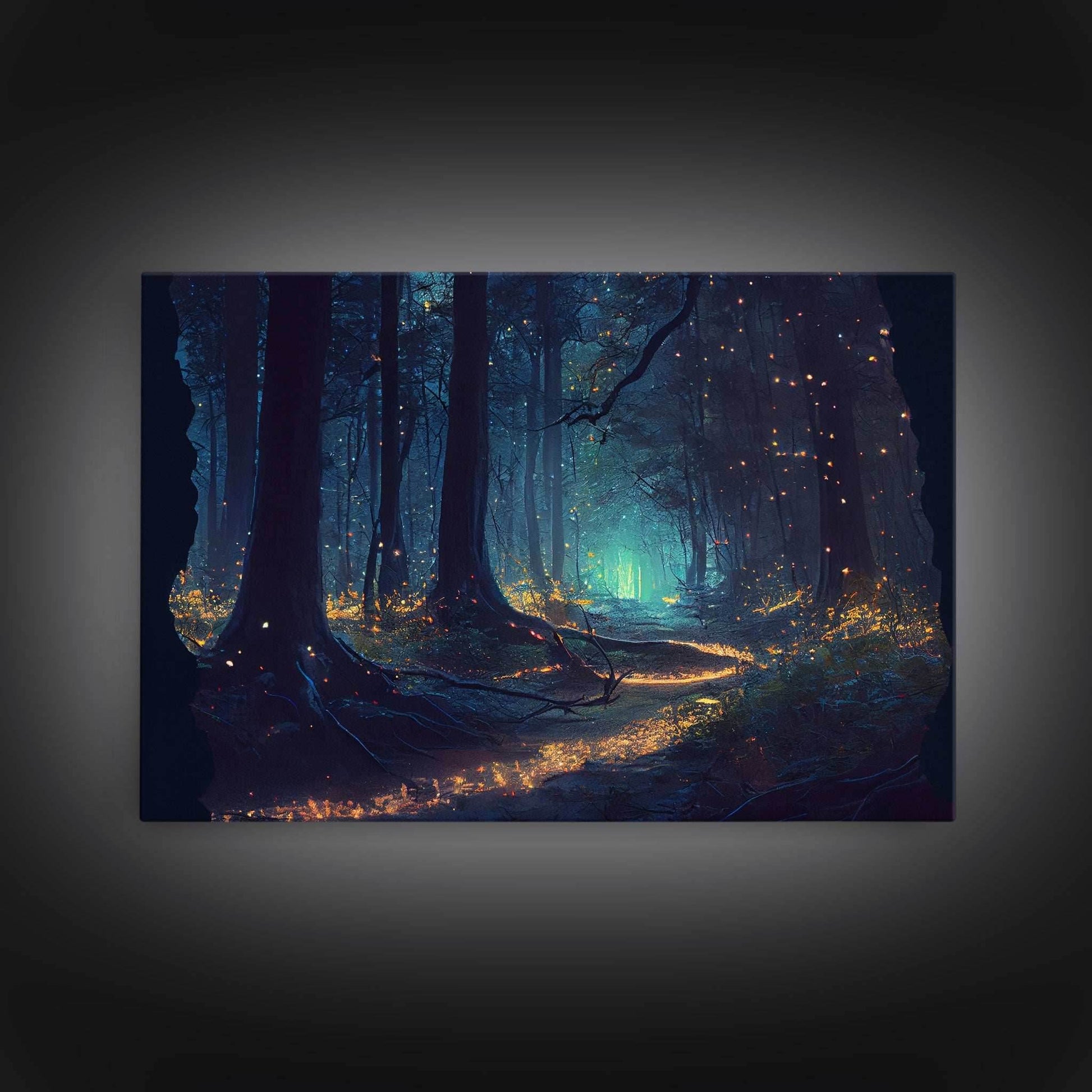 The magical enchanted forest is lit brightly with fireflies at night, framed canvas print, fantasy art - 8x12 Inches / Gallery Wrap Canvas - Ready To Hang