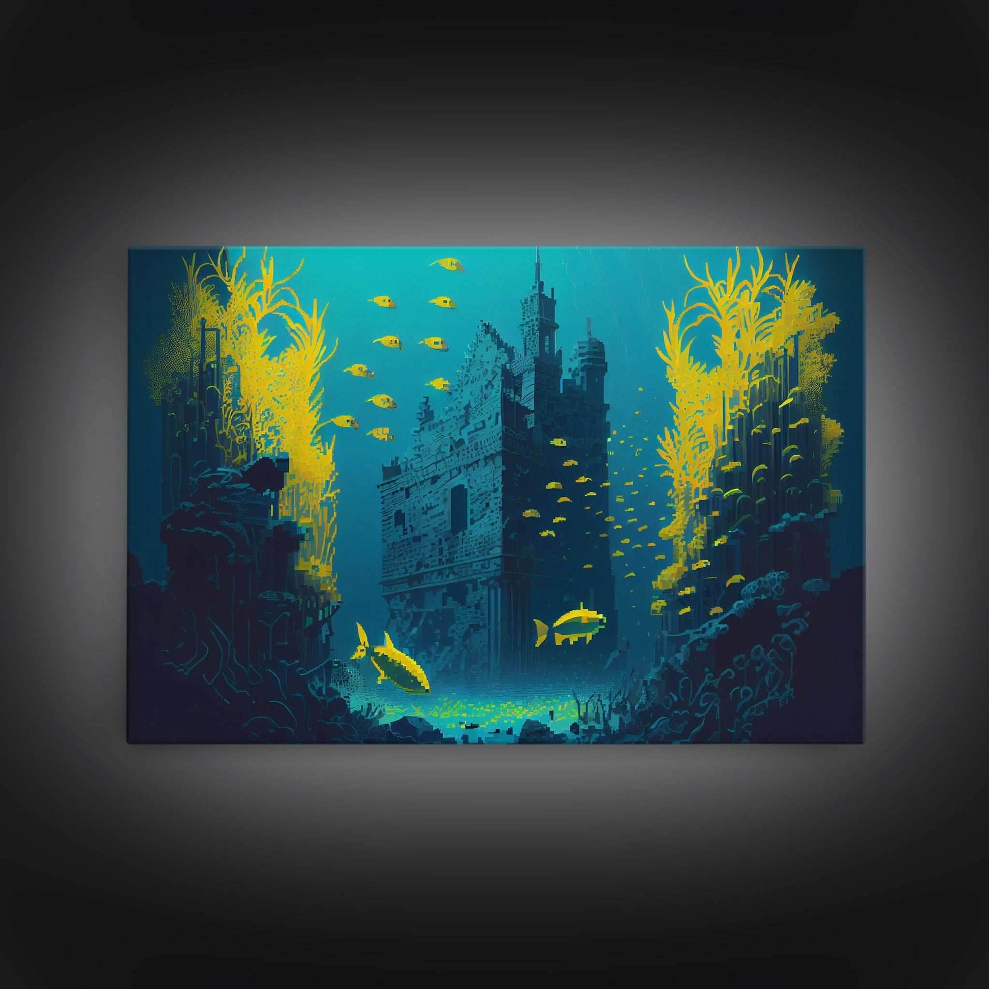 Underwater castle fantasy art, 8 bit pixel art for videogame room, framed canvas print - 8x12 Inches / Gallery Wrap Canvas - Ready To Hang