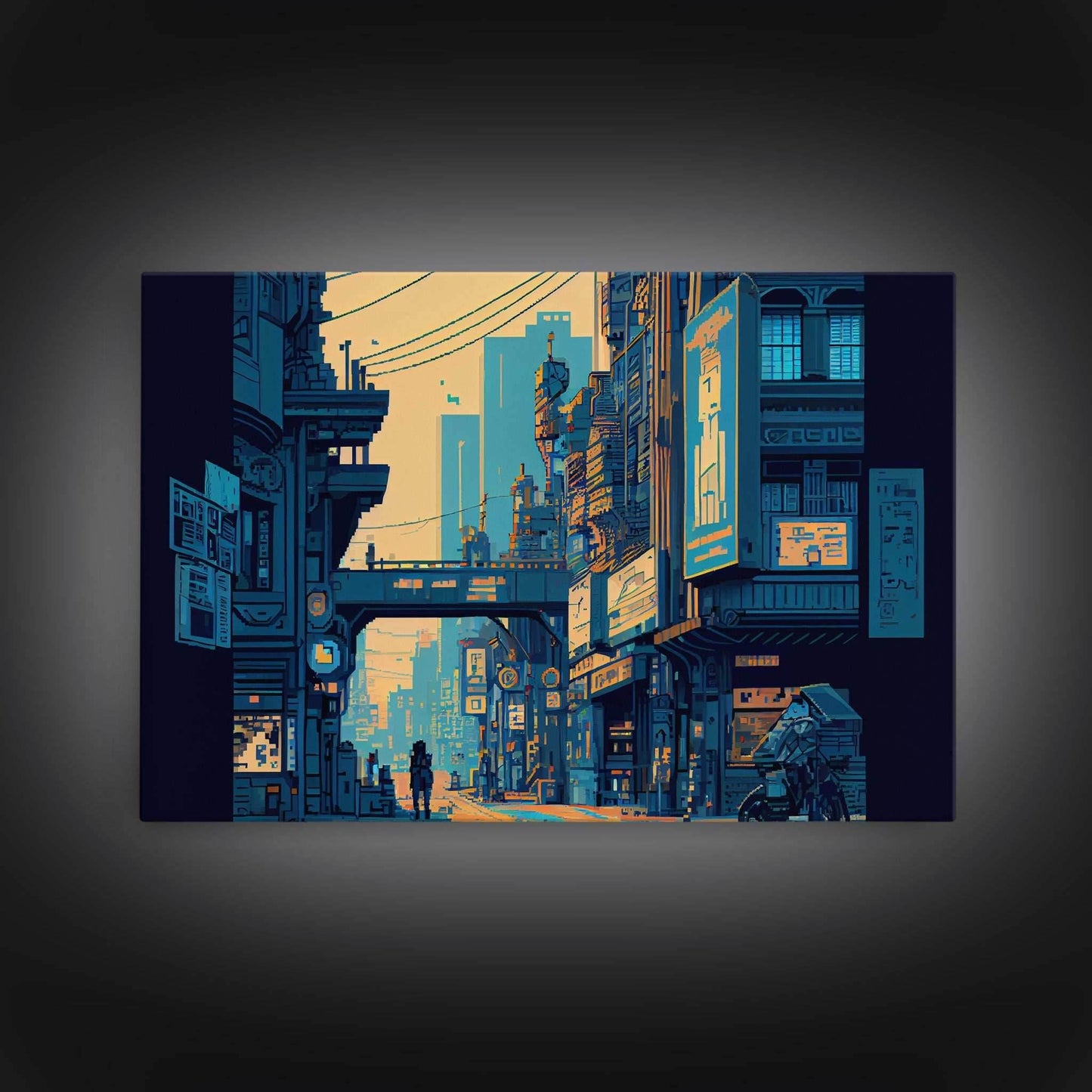 8 bit pixel art cyber punk city, video game concept art, framed canvas print, game room art - 8x12 Inches / Gallery Wrap Canvas - Ready To Hang