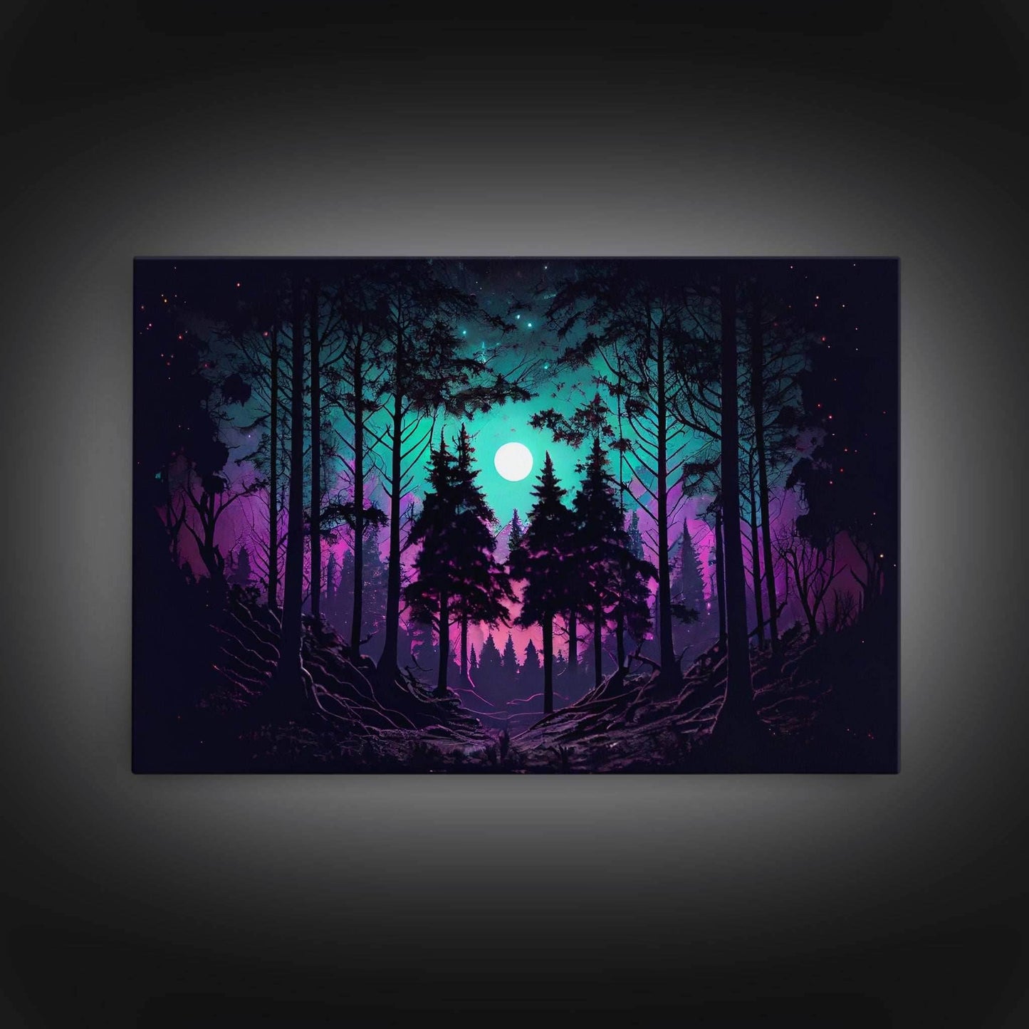 Fantasy forest art, full moon visible through the trees, framed canvas print, framed wall art - 8x12 Inches / Gallery Wrap Canvas - Ready To Hang