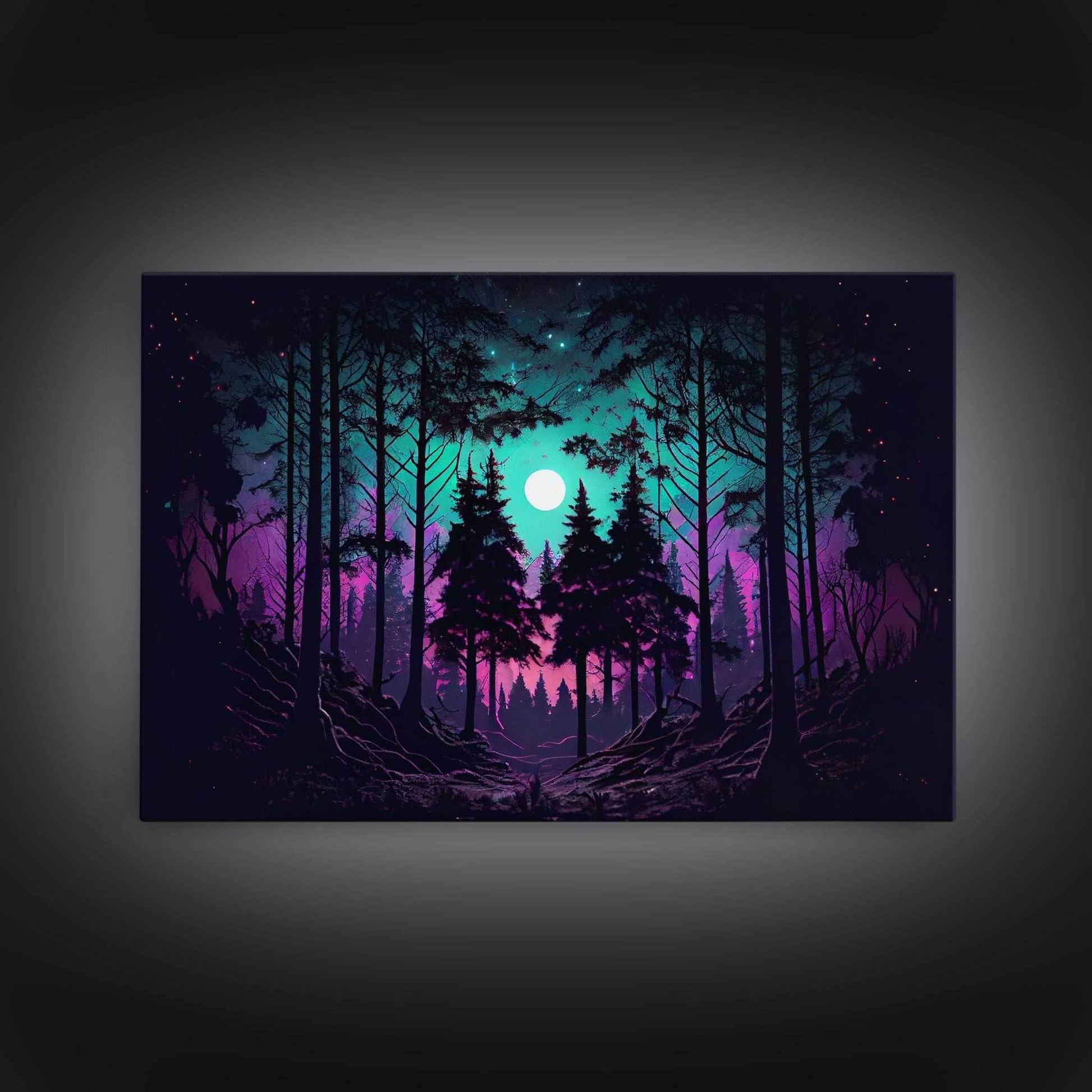 Fantasy forest art, full moon visible through the trees, framed canvas print, framed wall art - 8x12 Inches / Gallery Wrap Canvas - Ready To Hang