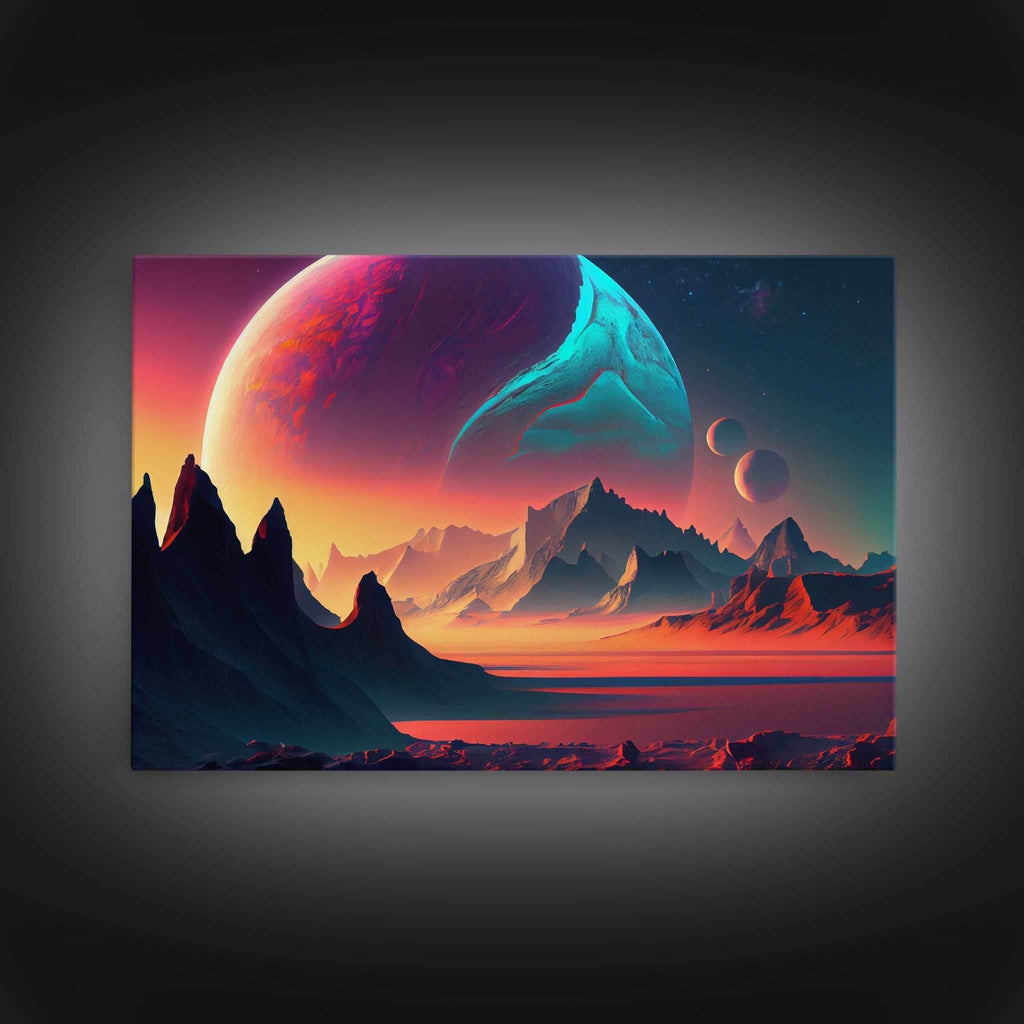 3 Moon Fantasy World, Retro Style Sci-Fi Art, Framed Canvas Print, Futuristic Art, Fantasy Decor - 8x12 Inches / Gallery Wrap Canvas - Ready To Hang