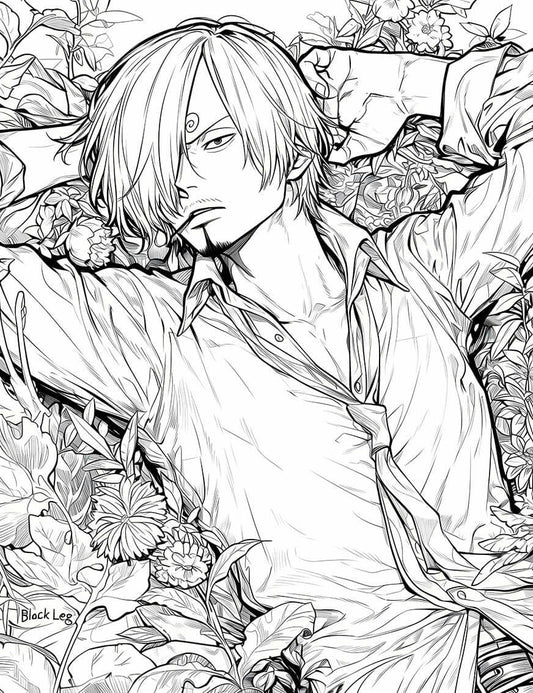 Cool Sanji Black Leg Coloring Page | One Piece Floral Art | Instant Digital Download | Suave Sanji Printable