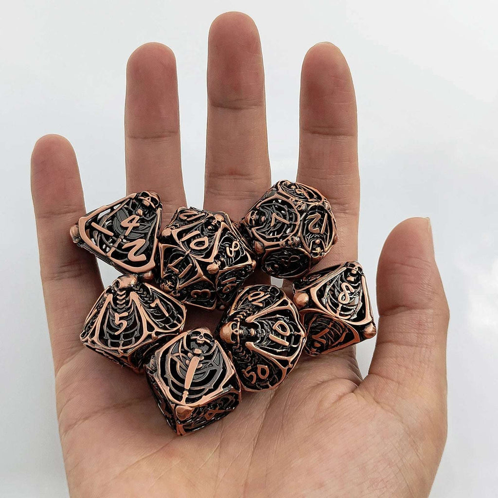 Necromancer - Ancient Red Copper Metal Hollow Skull DND Dice Set
