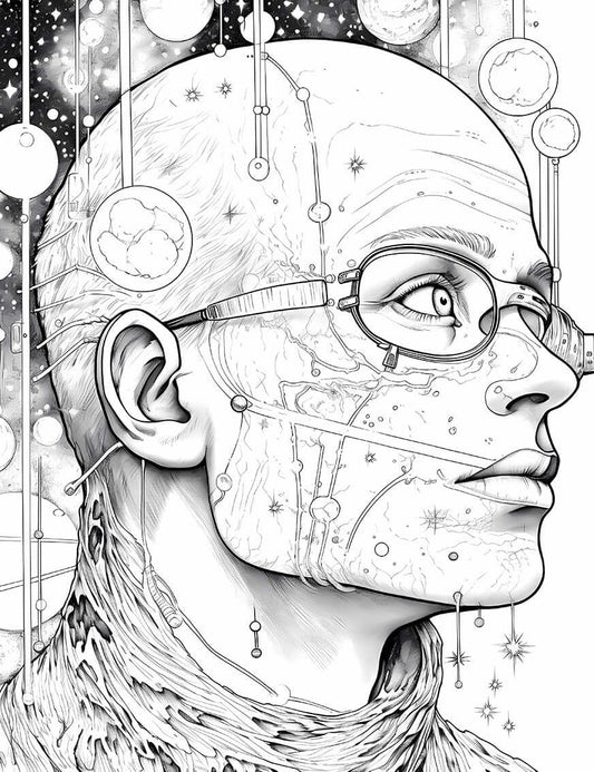 Cosmic Android Coloring Page | Sci-Fi Futuristic Portrait Printable – Infinite Visibility